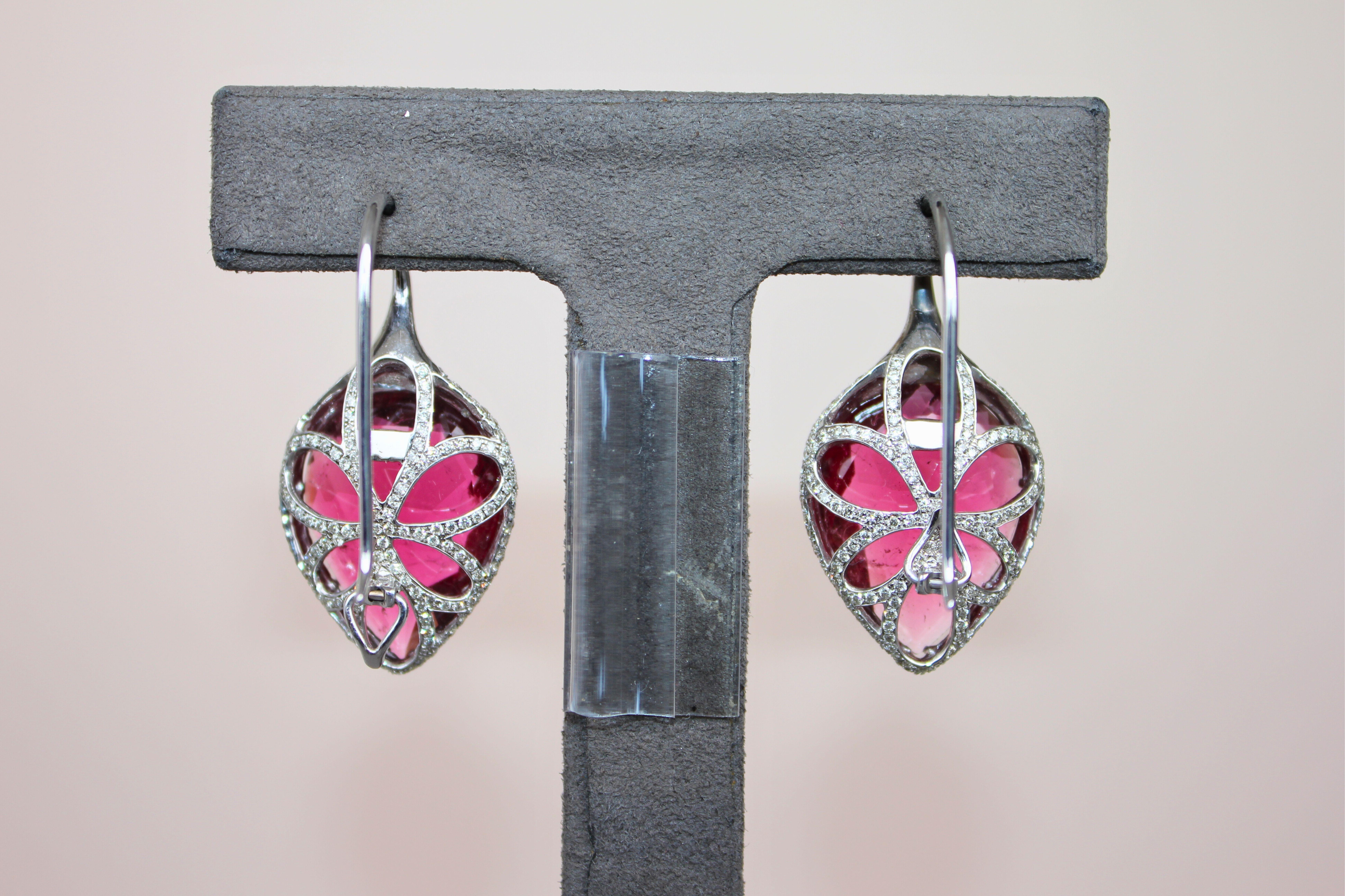 Fancy Pear Tear Drop Pink Red Rubellite Diamond Pave 18K White Gold Earrings For Sale 11