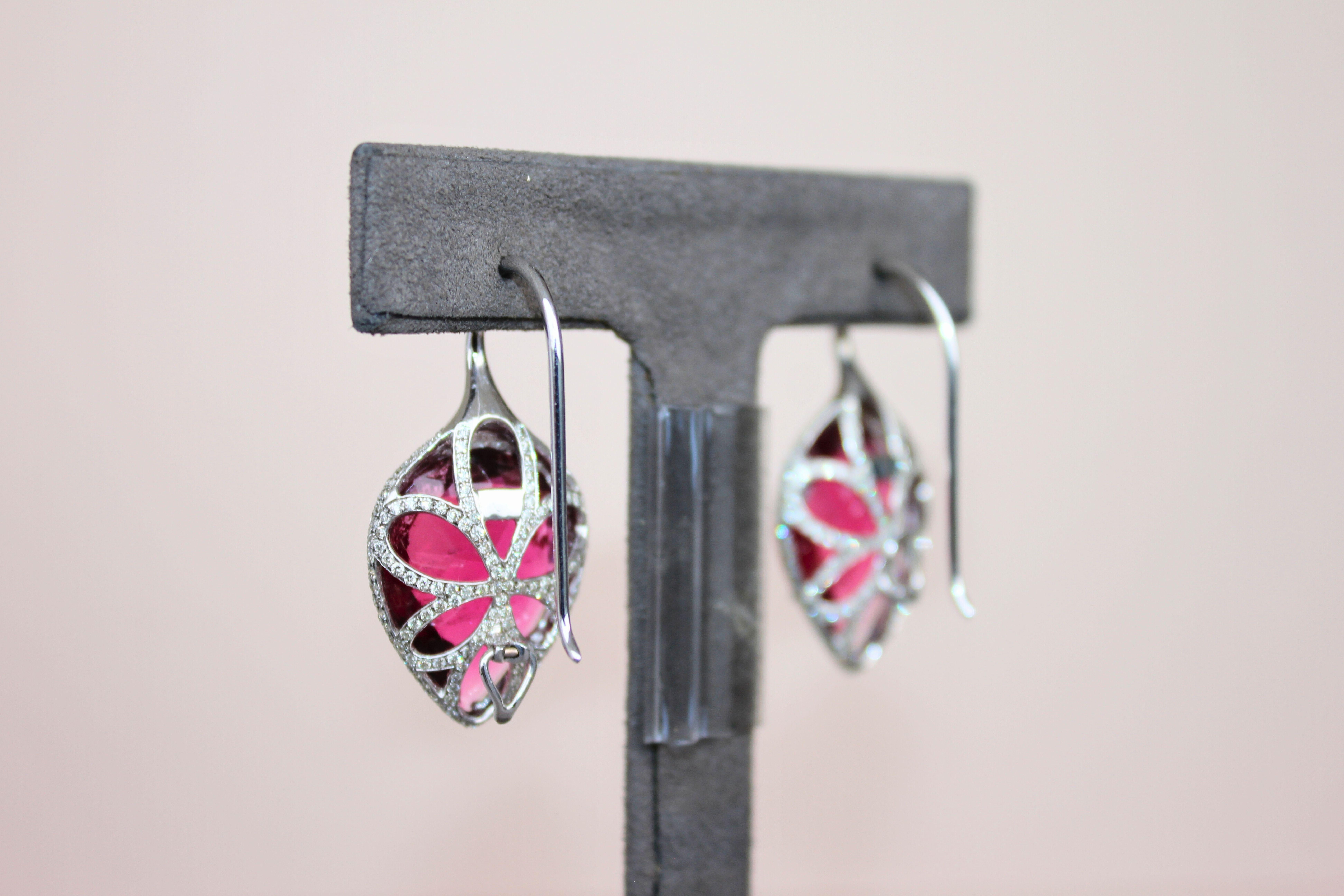 Fancy Pear Tear Drop Pink Red Rubellite Diamond Pave 18K White Gold Earrings For Sale 12
