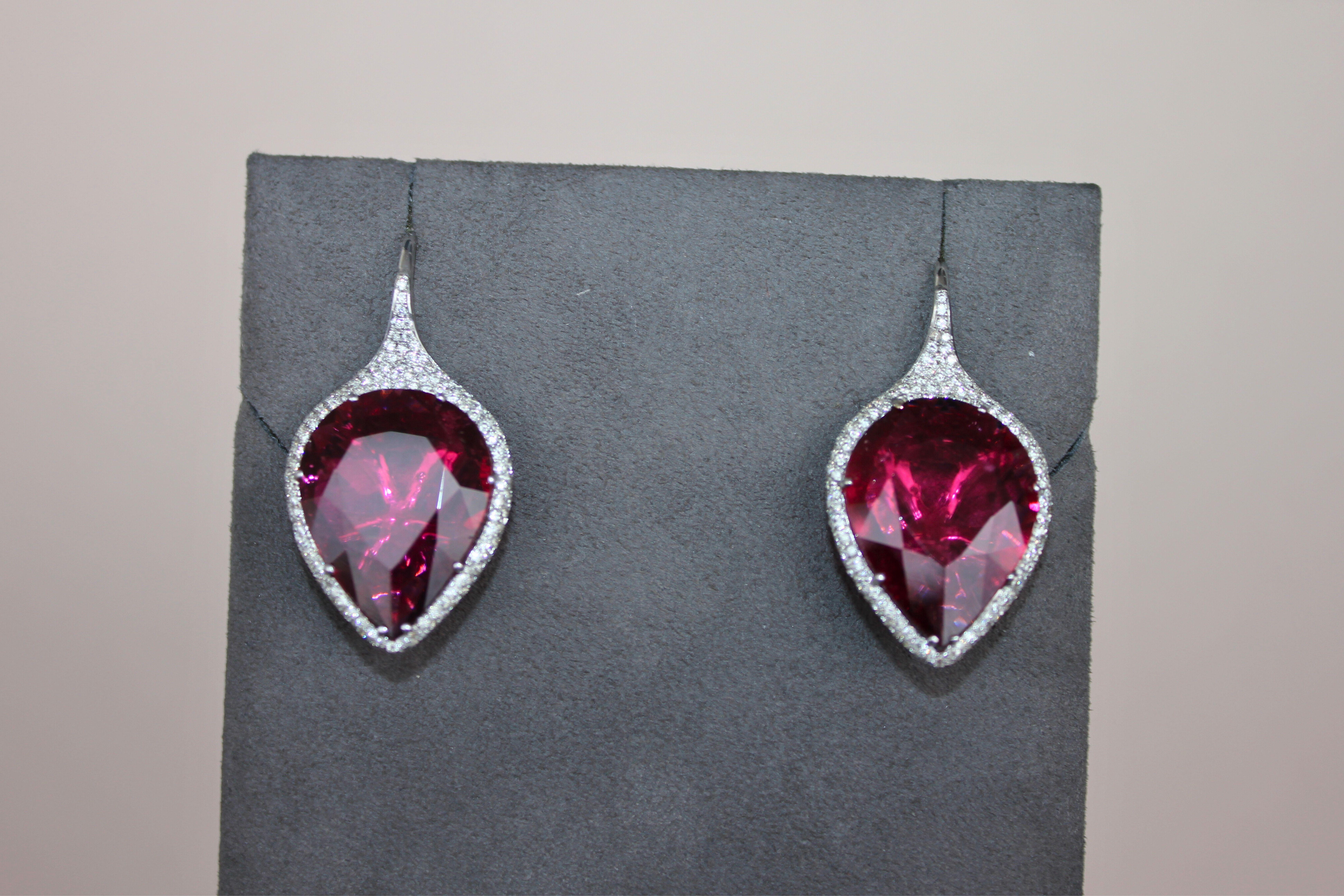 Fancy Pear Tear Drop Pink Red Rubellite Diamond Pave 18K White Gold Earrings For Sale 13