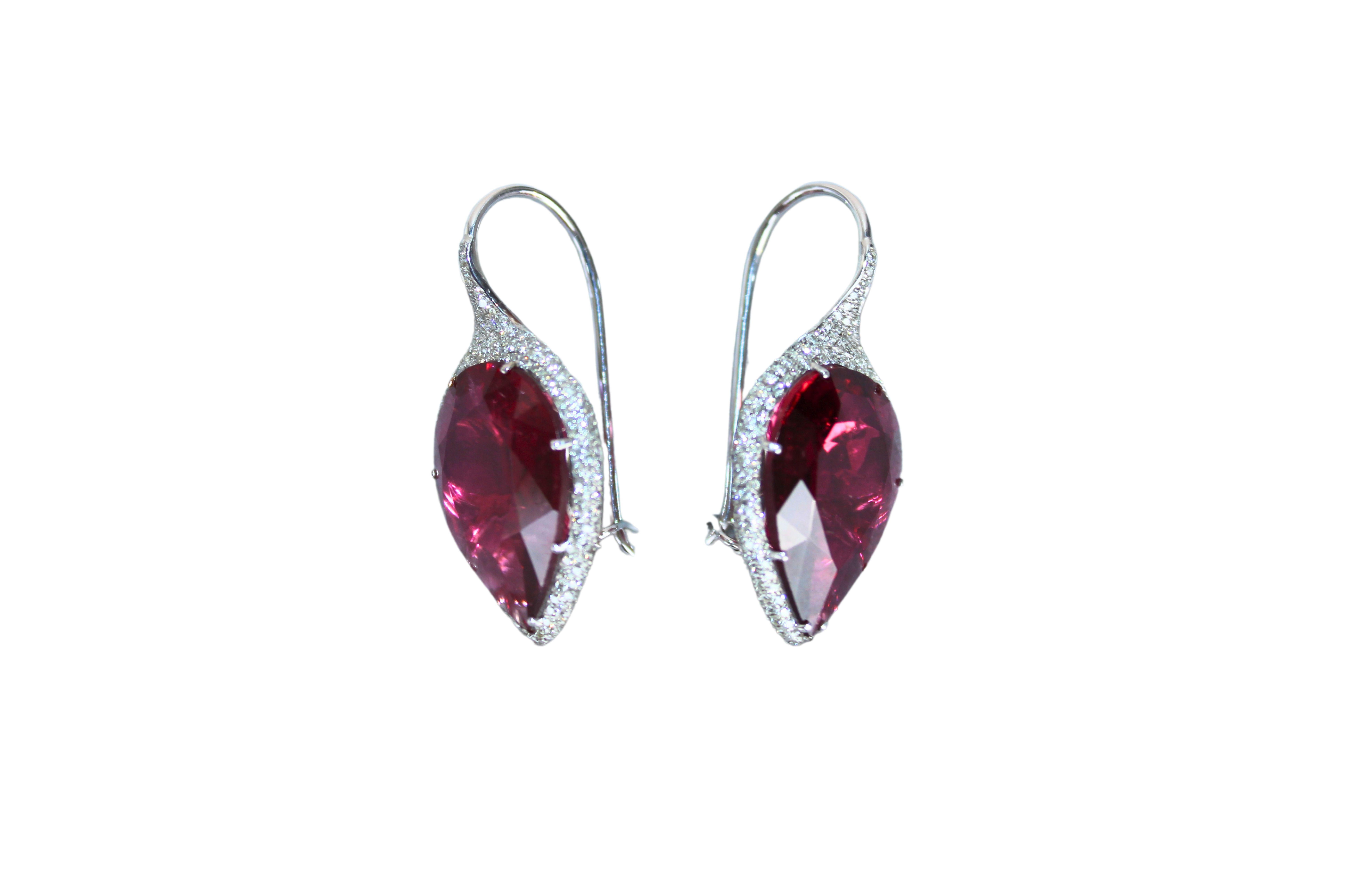 Modern Fancy Pear Tear Drop Pink Red Rubellite Diamond Pave 18K White Gold Earrings For Sale