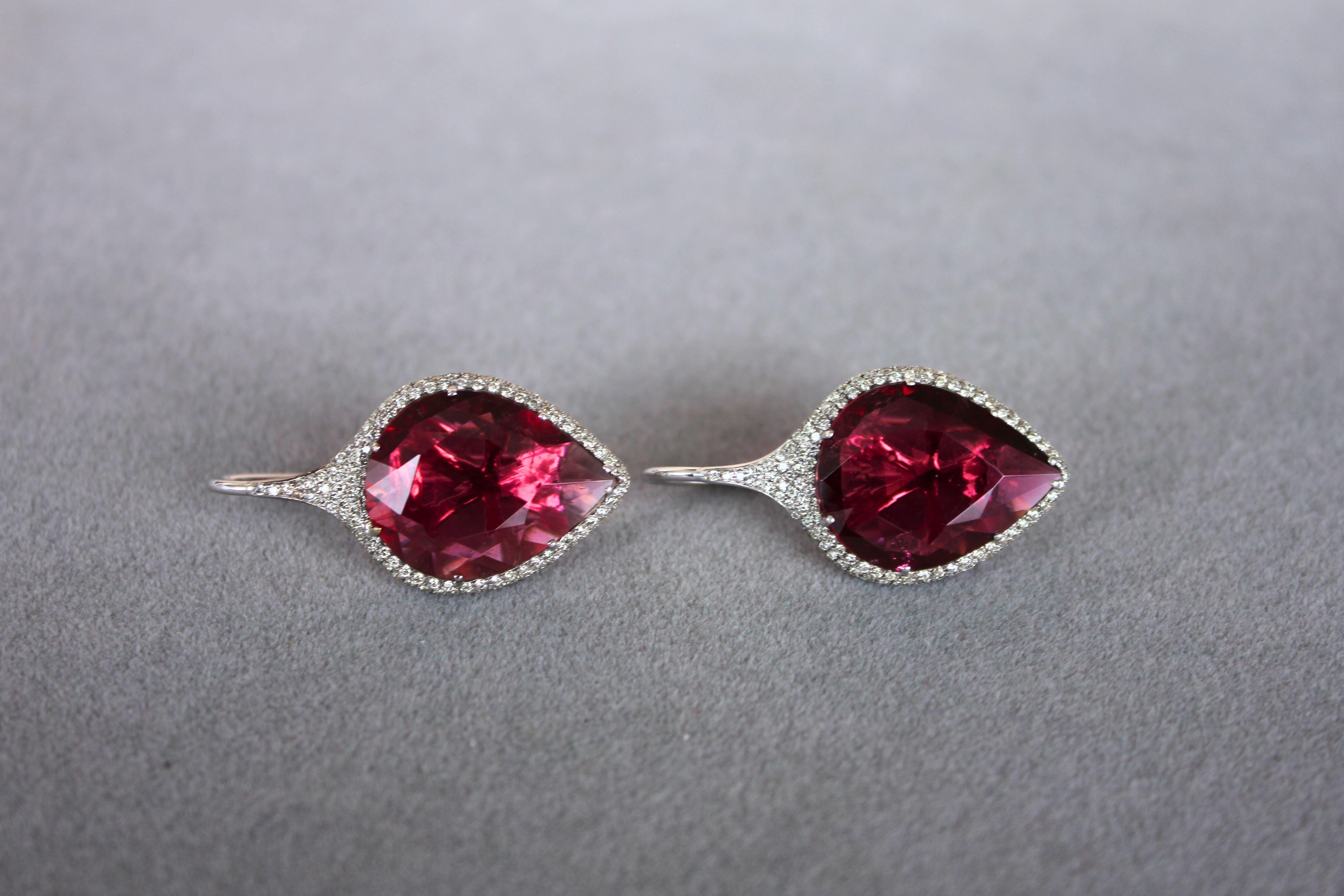 Pear Cut Fancy Pear Tear Drop Pink Red Rubellite Diamond Pave 18K White Gold Earrings For Sale
