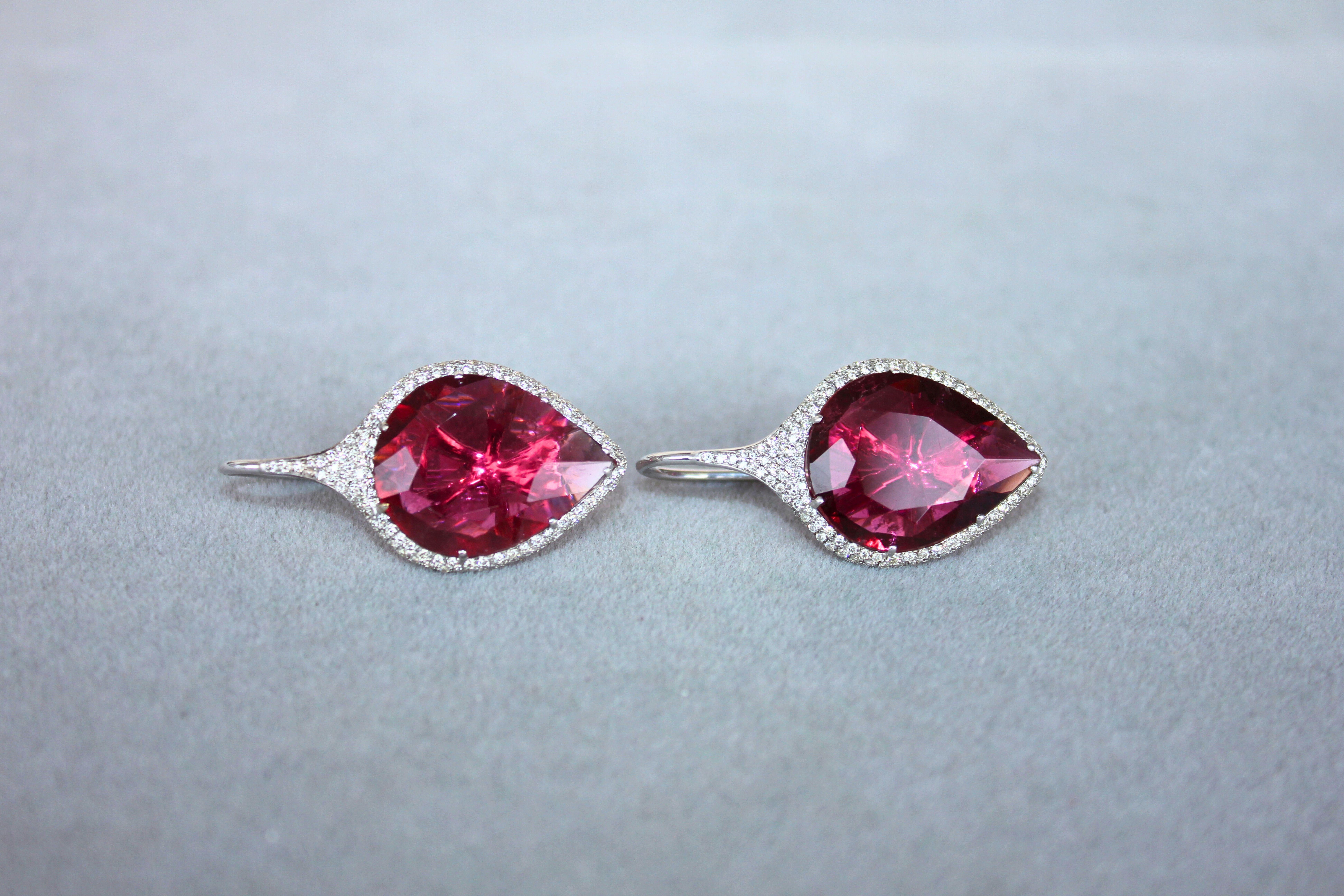 Fancy Pear Tear Drop Pink Red Rubellite Diamond Pave 18K White Gold Earrings In New Condition For Sale In Fairfax, VA