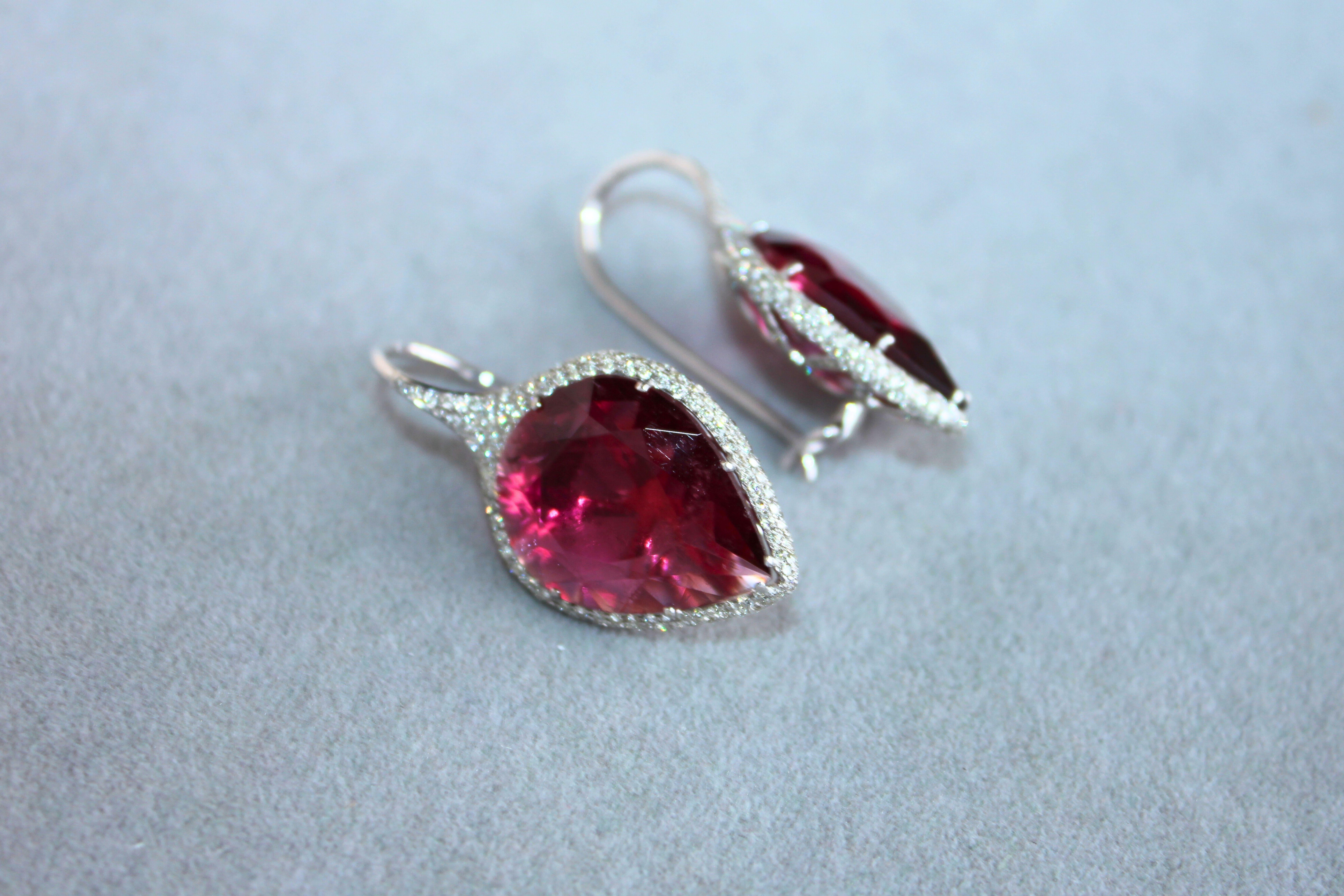 Women's Fancy Pear Tear Drop Pink Red Rubellite Diamond Pave 18K White Gold Earrings For Sale