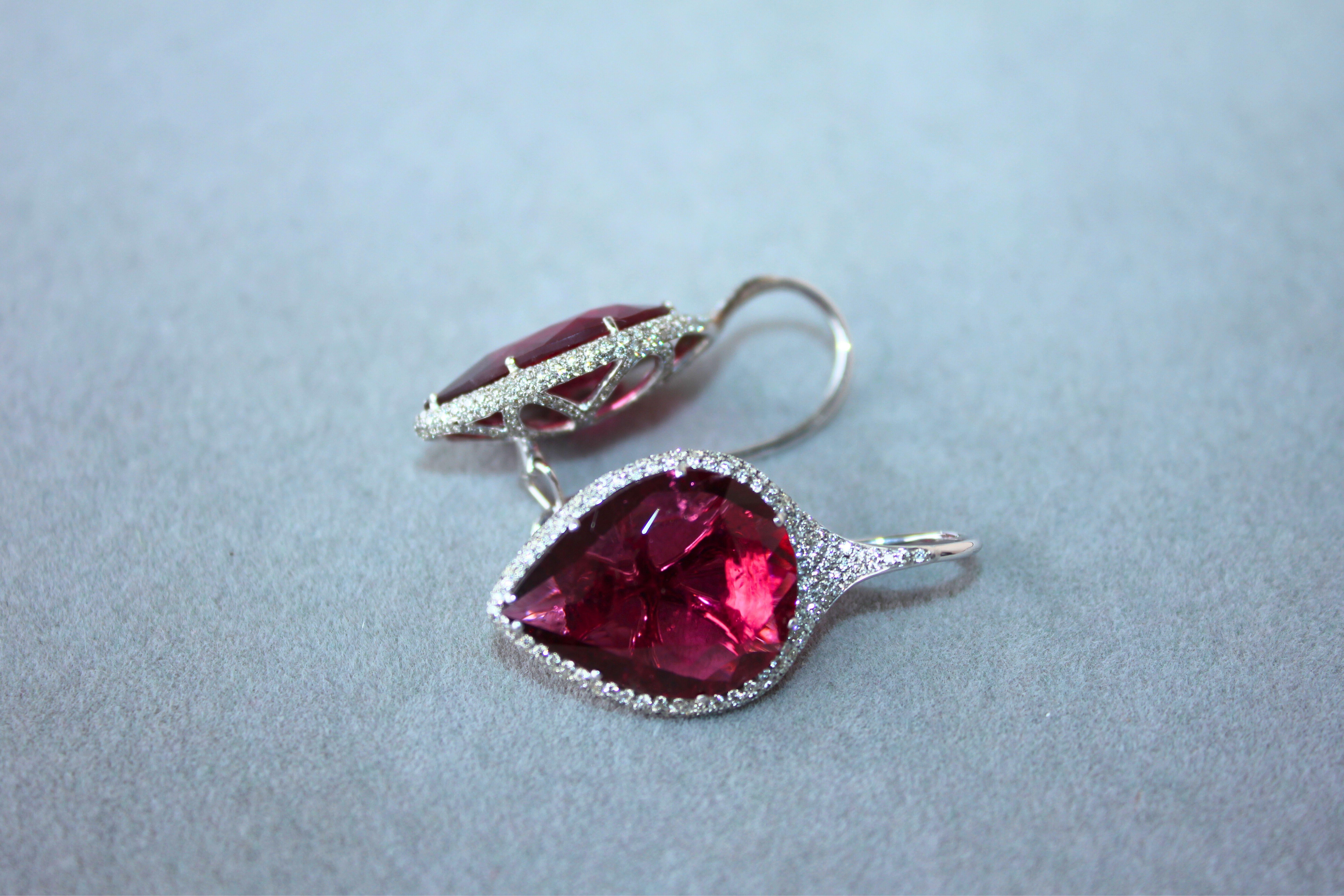 Fancy Pear Tear Drop Pink Red Rubellite Diamond Pave 18K White Gold Earrings For Sale 1