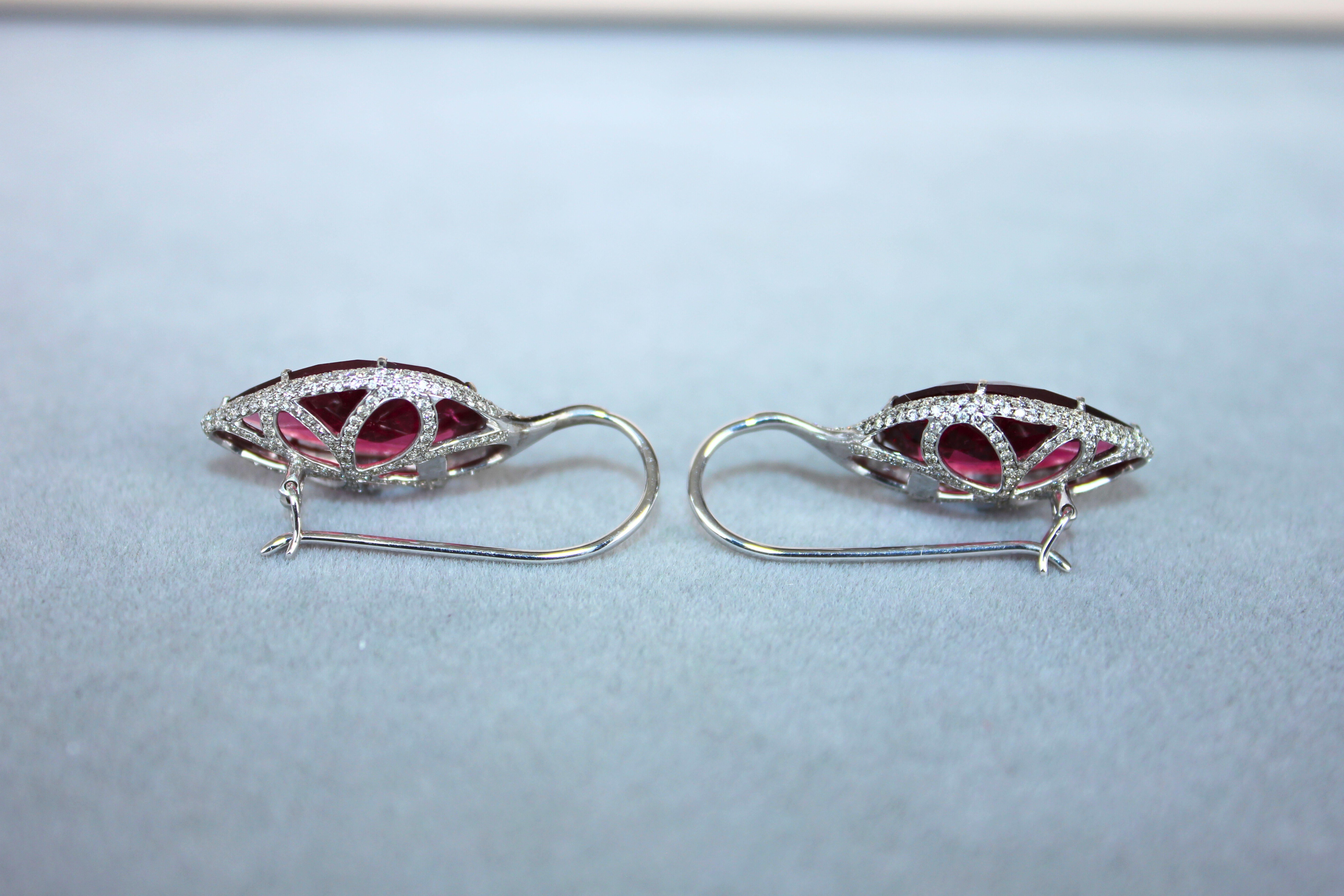 Fancy Pear Tear Drop Pink Red Rubellite Diamond Pave 18K White Gold Earrings For Sale 2