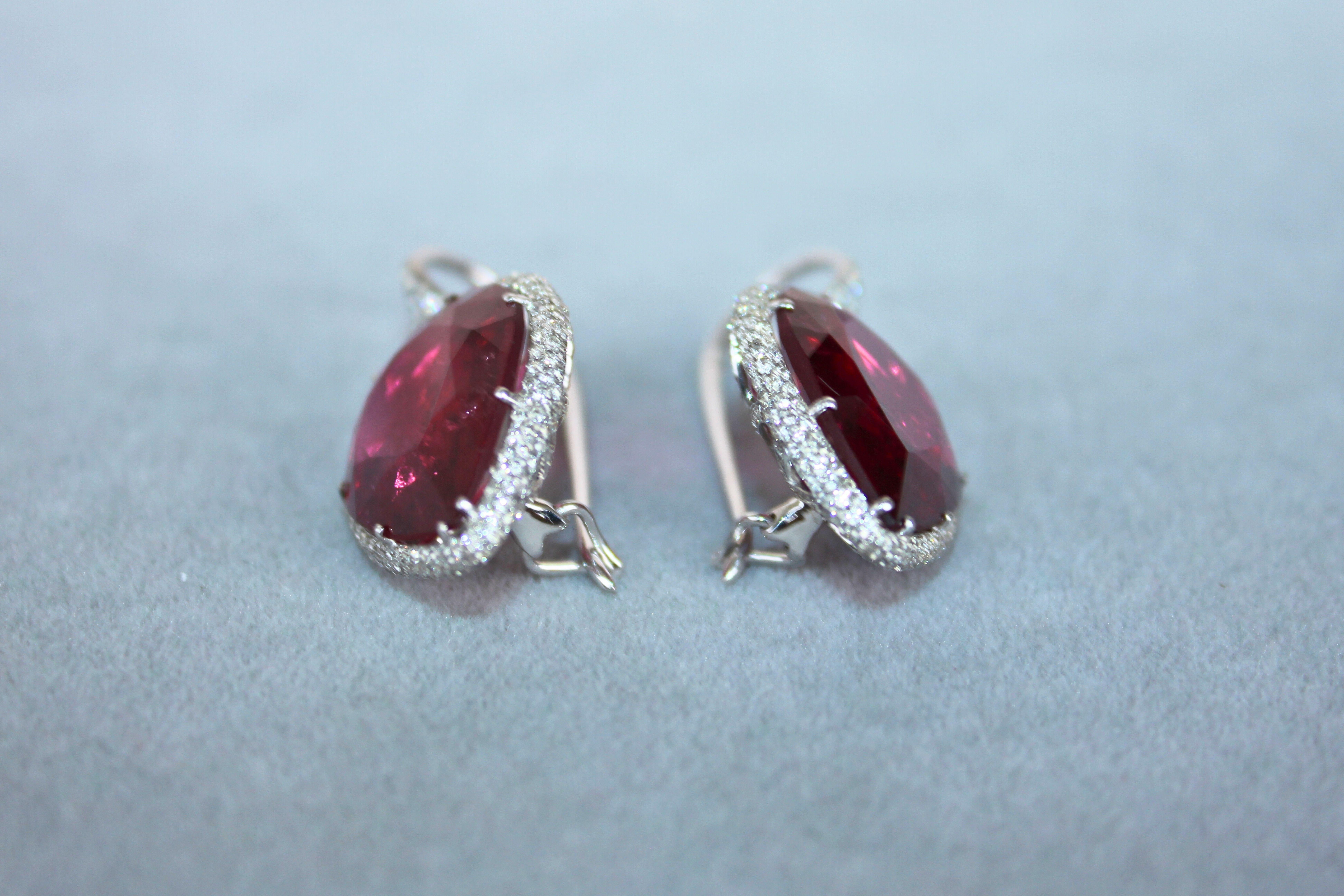 Fancy Pear Tear Drop Pink Red Rubellite Diamond Pave 18K White Gold Earrings For Sale 3