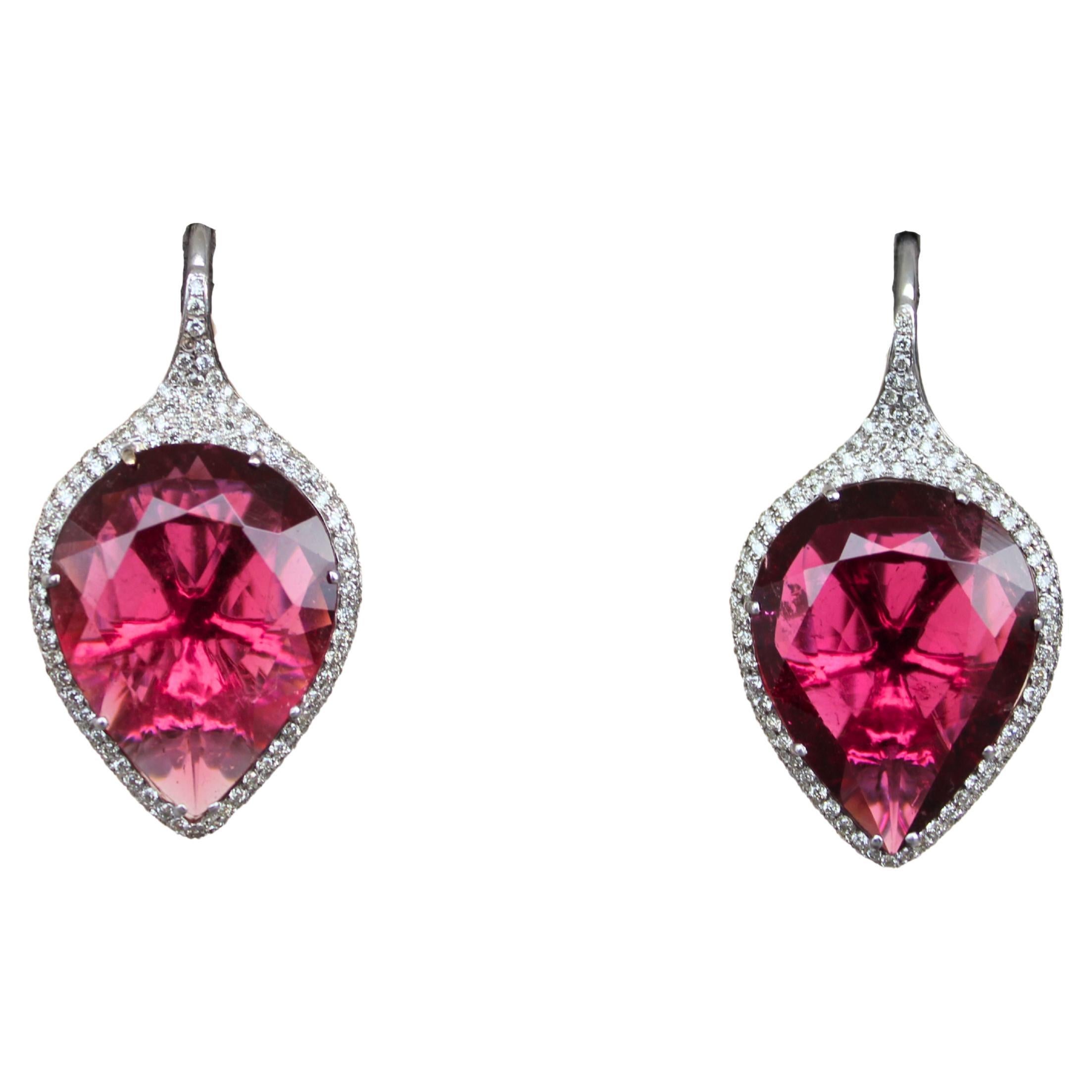 Fancy Pear Tear Drop Pink Red Rubellite Diamond Pave 18K White Gold Earrings For Sale