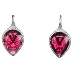 Fancy Pear Tear Drop Pink Red Rubellite Diamond Pave 18K White Gold Earrings