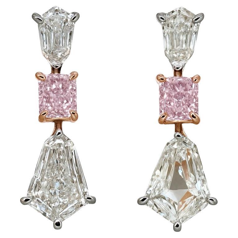 Fancy Pink and White Mixed Cut Diamond Drop Earrings.