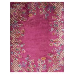Fancy Pink Floral Geometric Pattern Wool Antique Chinese Art Deco Carpet Rug