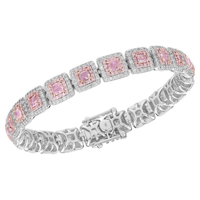 Fancy Pink Cushion Diamond Double Halo Bracelet 18k Rose Gold For Sale