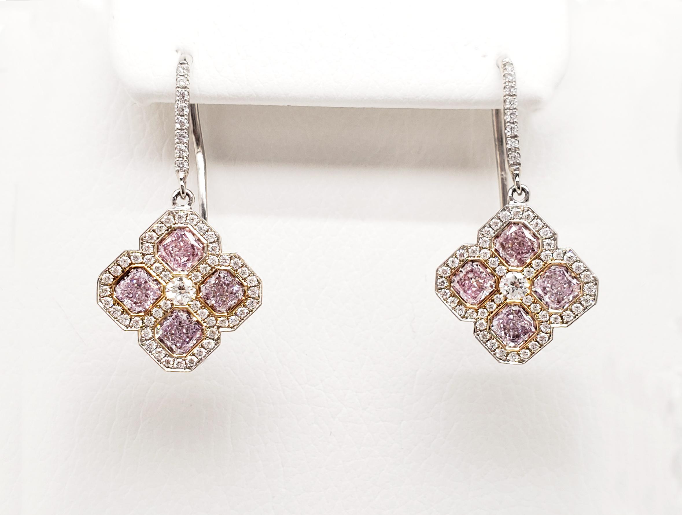 Contemporary Fancy Pink Diamond and White Diamond Drop Earrings in Platinum For Sale