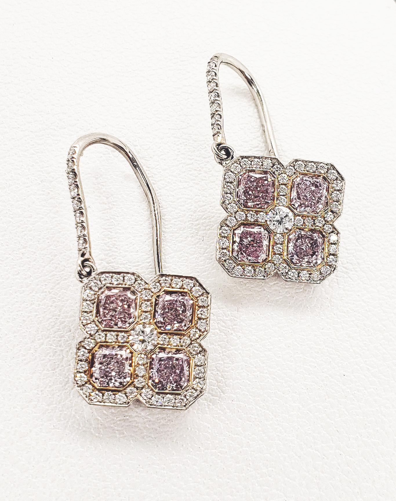 Radiant Cut Fancy Pink Diamond and White Diamond Drop Earrings in Platinum For Sale