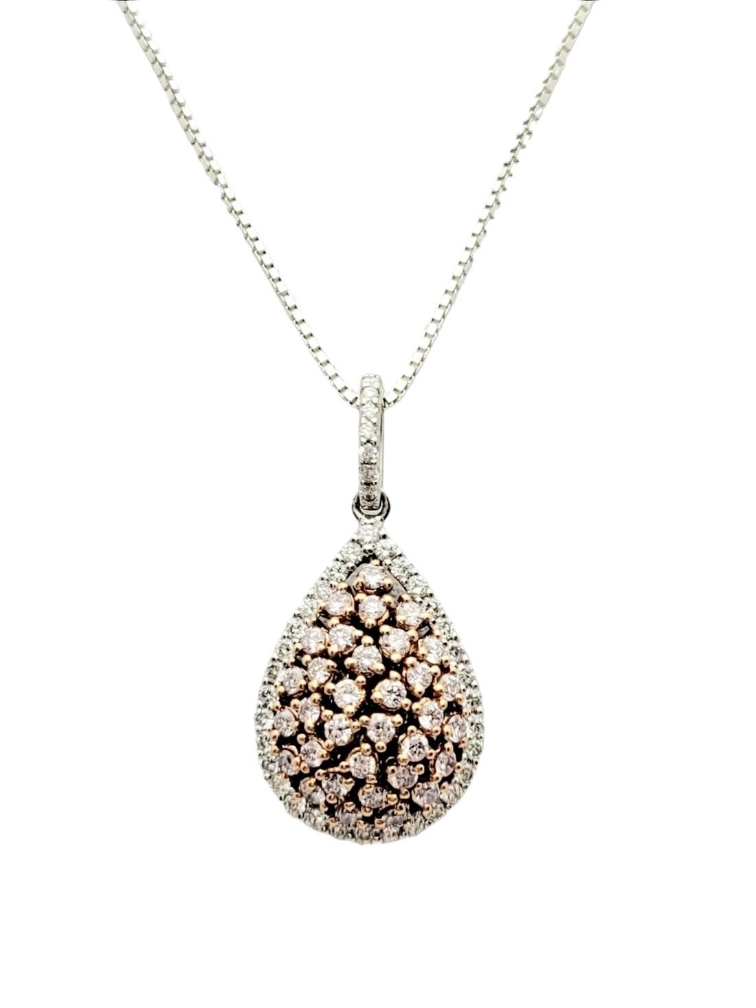 Round Cut Fancy Pink Diamond Teardrop Pendant with Halo in 18 Karat Rose and White Gold For Sale