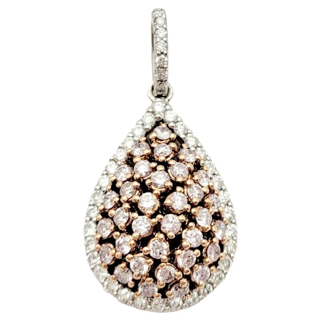 Pendentif en forme de goutte avec halo en or rose et blanc 18 carats et diamant rose fantaisie