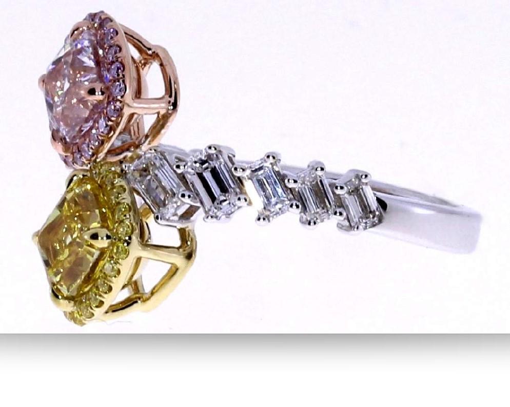 Women's GIA Certified Fancy Pink & Fancy Vivid Yellow Cushion Cut Bypass Ring  For Sale