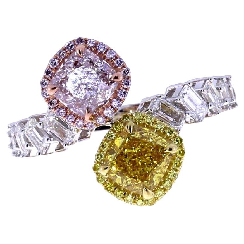 GIA Certified Fancy Pink & Fancy Vivid Yellow Cushion Cut Bypass Ring 