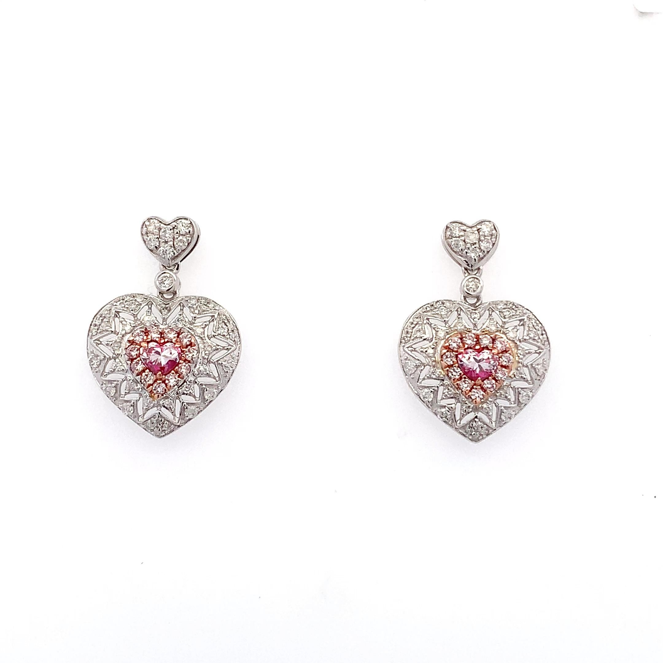 Cuore Fancy pink heart shaped diamond drop dangle earrings 18k white gold in vendita