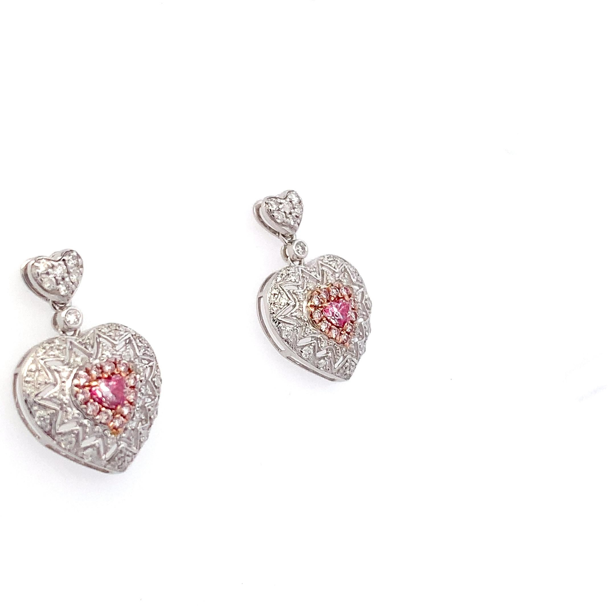 Fancy pink heart shaped diamond drop dangle earrings 18k white gold In condizioni Nuovo in vendita a London, GB