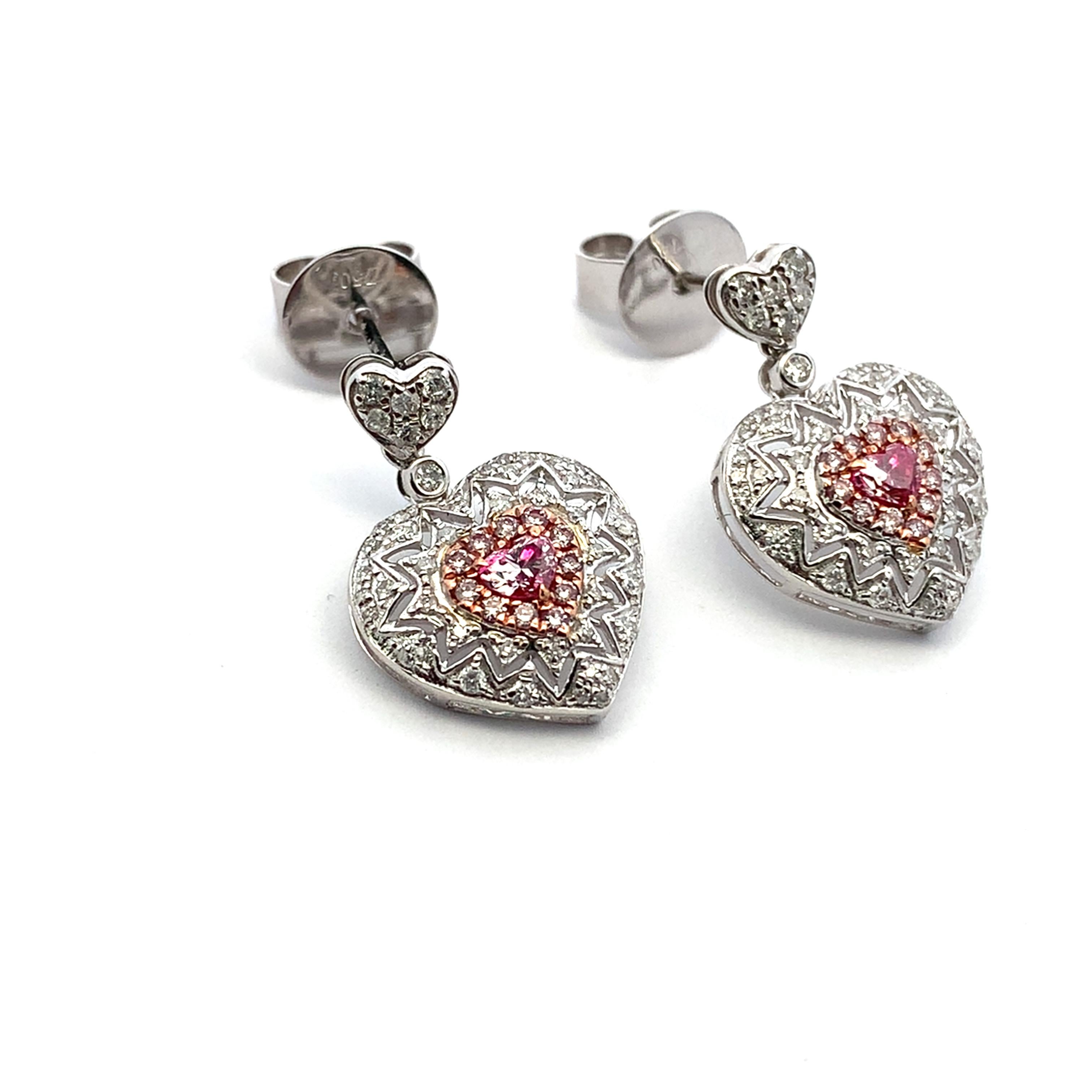 Fancy pink heart shaped diamond drop dangle earrings 18k white gold in vendita 1