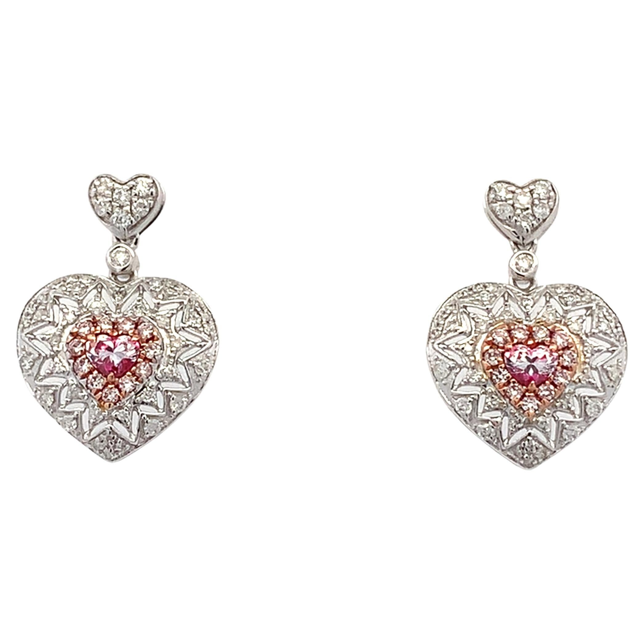 Fancy pink heart shaped diamond drop dangle earrings 18k white gold in vendita