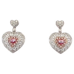 Fancy pink heart shaped diamond drop dangle earrings 18k white gold