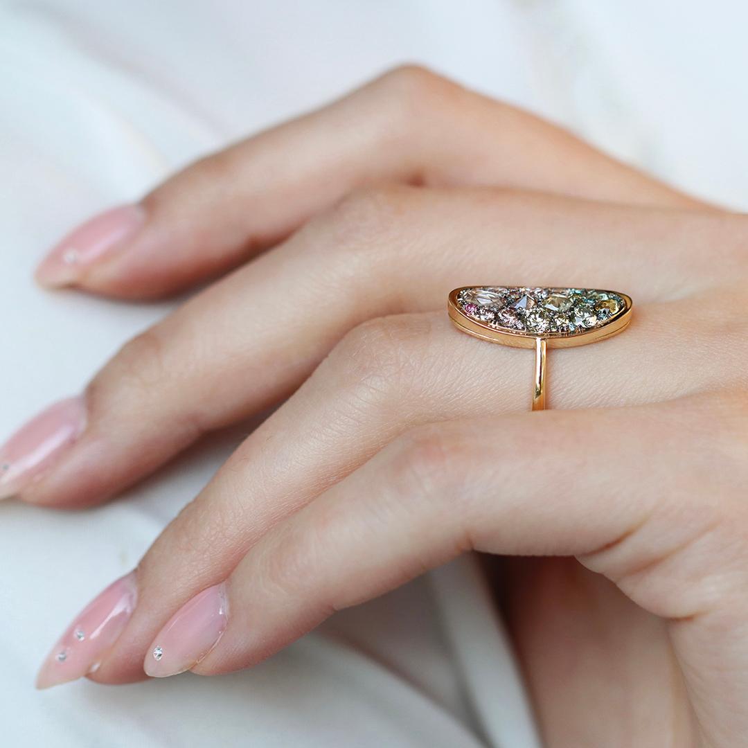 Fancy Pink To Green Diamond Gradient Mosaic Pavé Ring For Sale 6