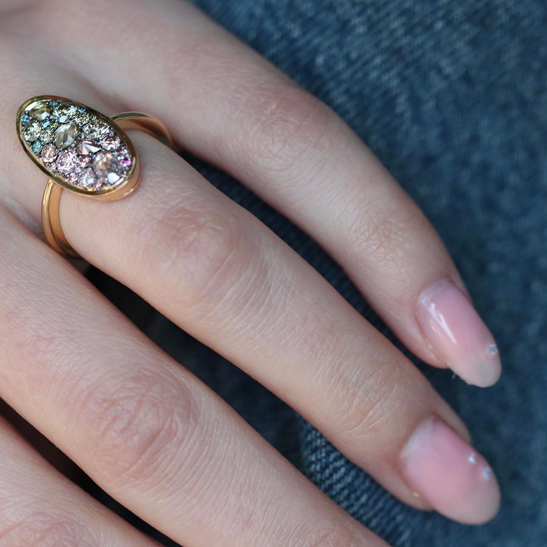 Fancy Pink To Green Diamond Gradient Mosaic Pavé Ring For Sale 7