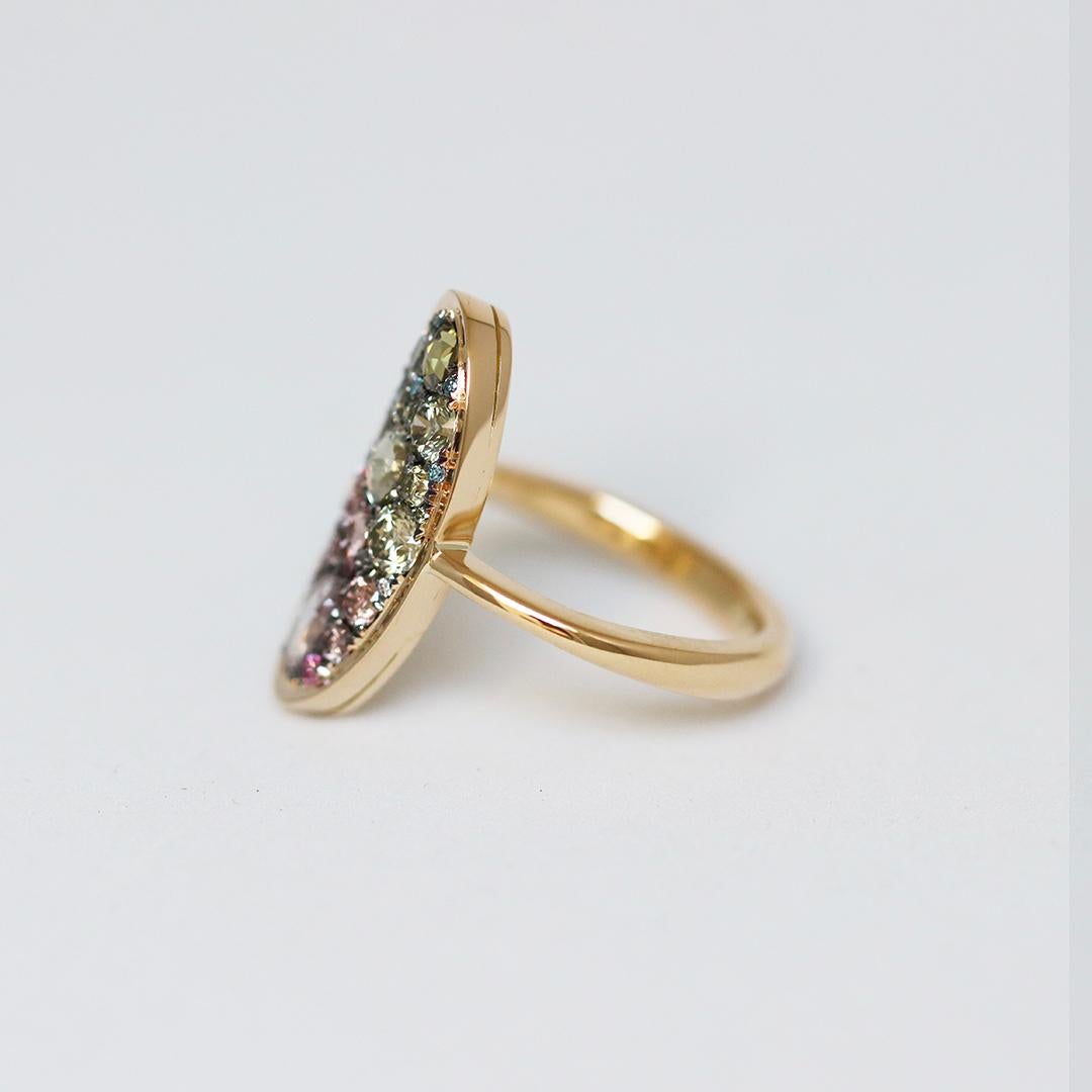 Contemporary Fancy Pink To Green Diamond Gradient Mosaic Pavé Ring For Sale