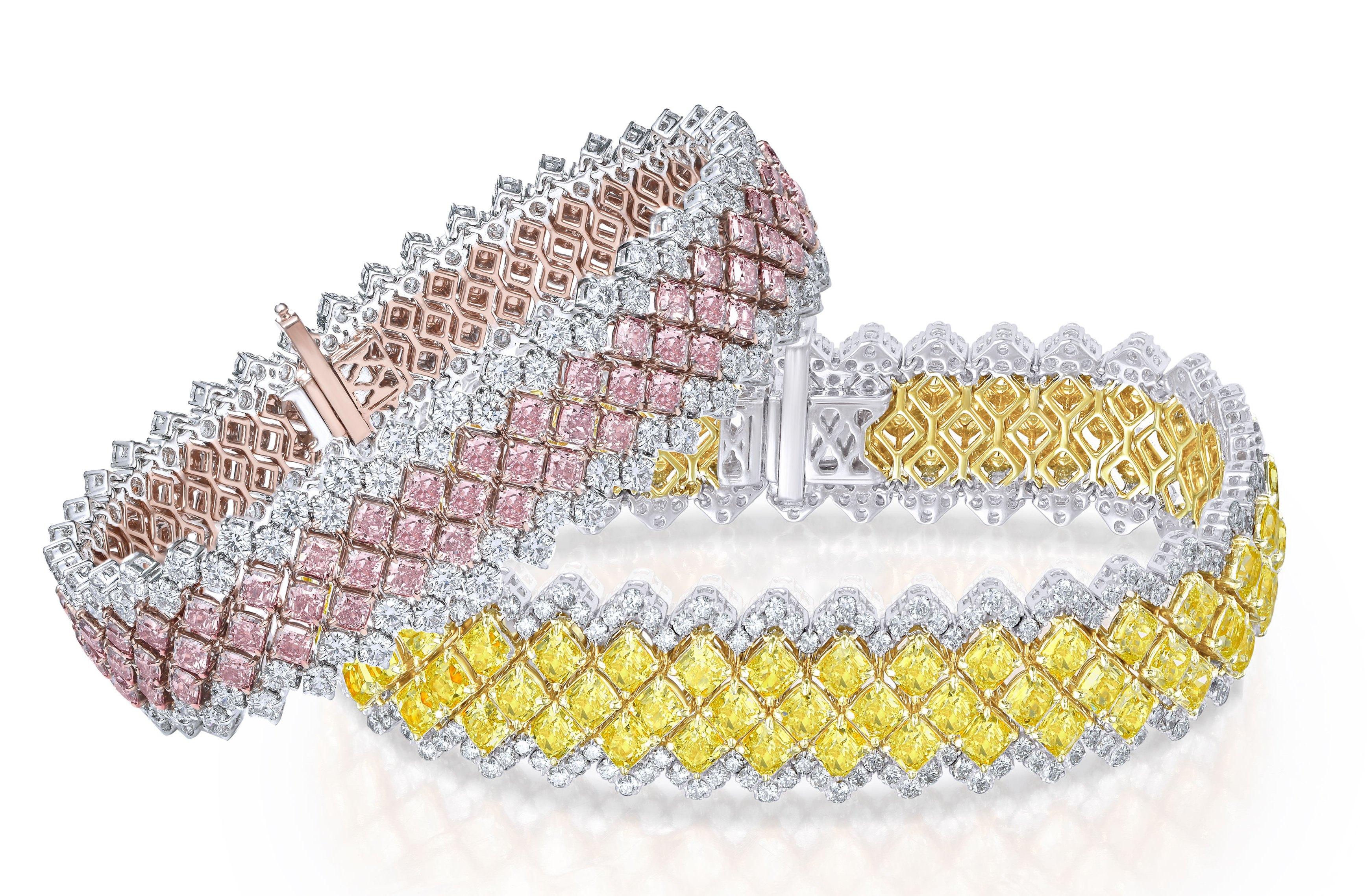 Contemporary Fancy Pink and White, 3-Row Tennis Diamond Bracelet, 18.82 Carat 'P Hirani'