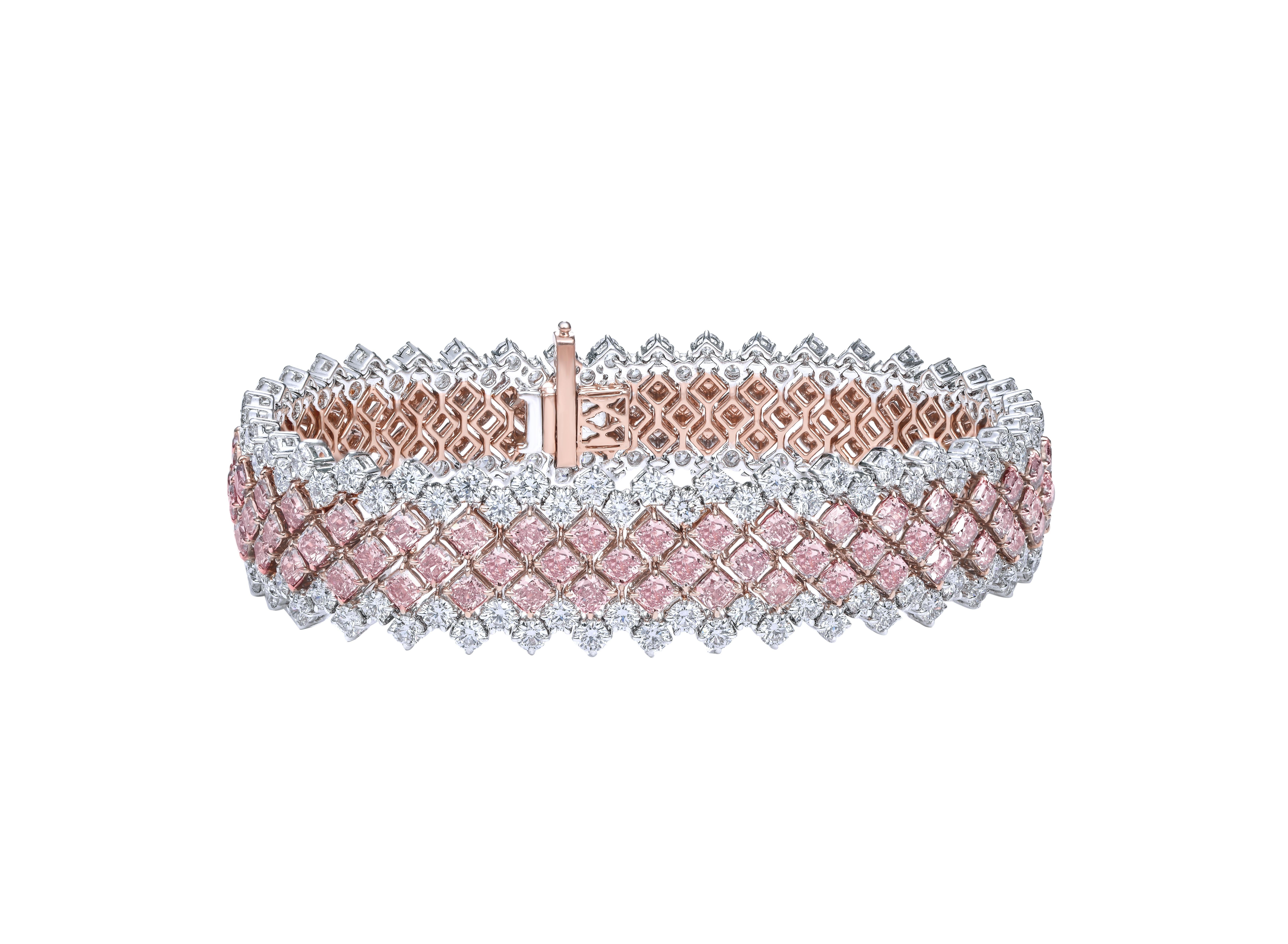 Radiant Cut Fancy Pink and White, 3-Row Tennis Diamond Bracelet, 18.82 Carat 'P Hirani'