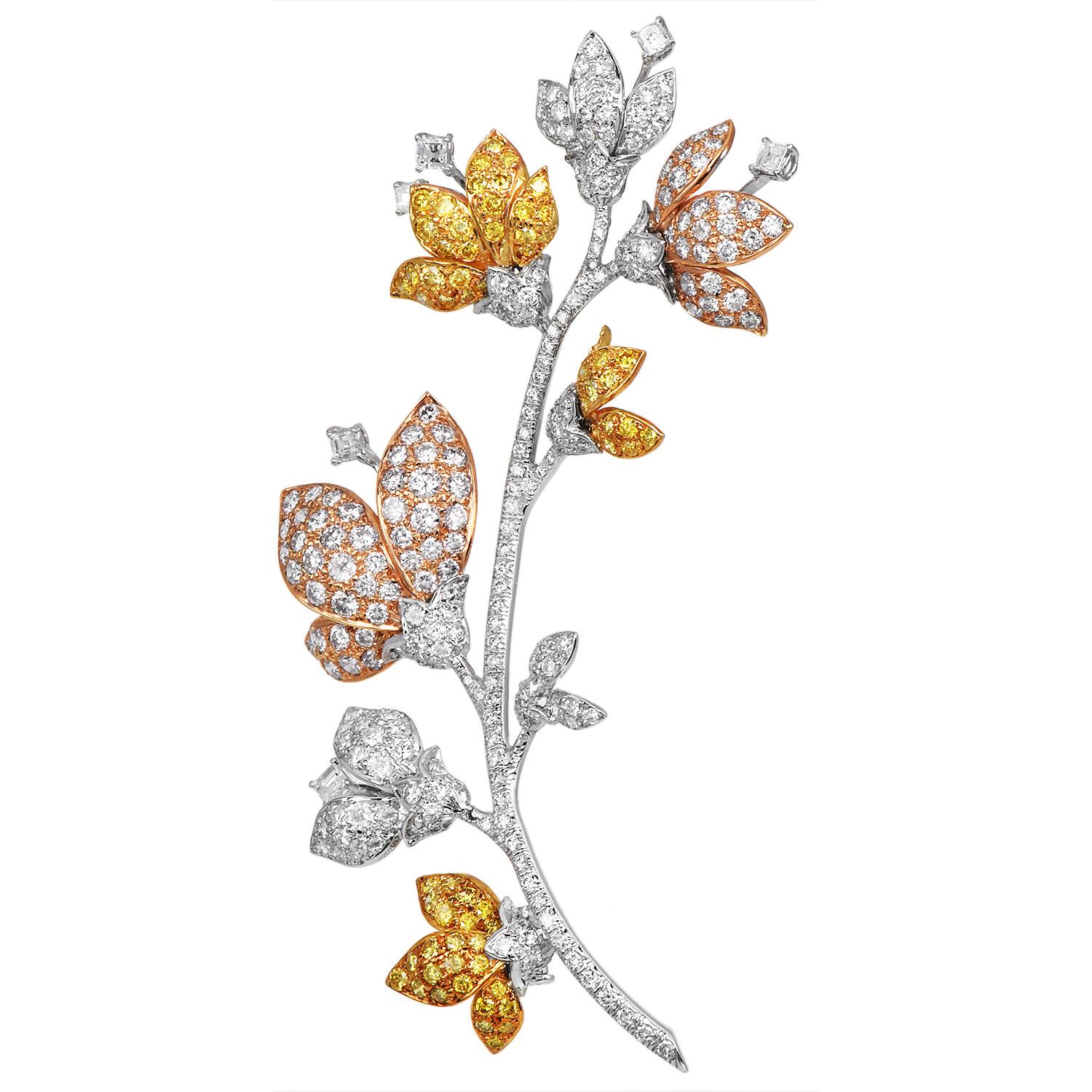 Taille ronde Fantaisie rose et jaune  Broche fleur tulipe en or 18K avec diamant en vente