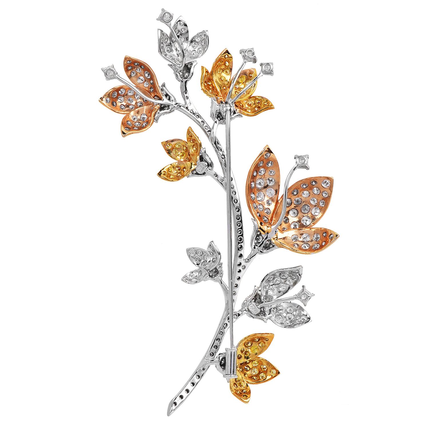 Fantaisie rose et jaune  Broche fleur tulipe en or 18K avec diamant Excellent état - En vente à Miami, FL