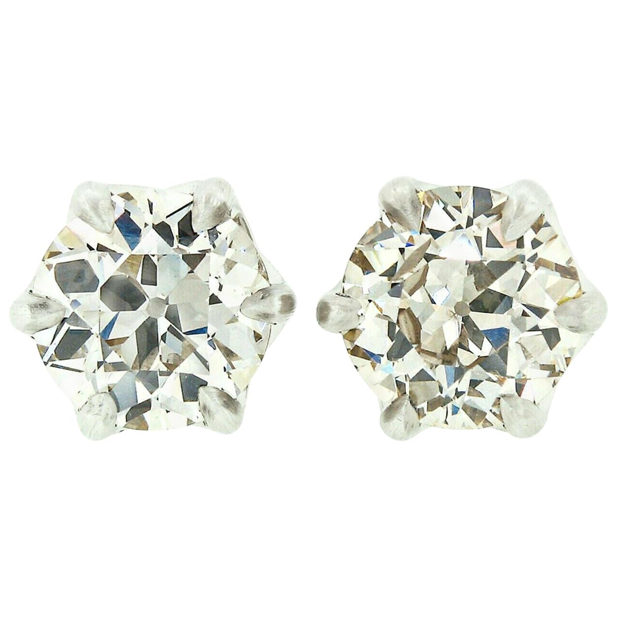 Fancy Platinum 3.17 Carat GIA Certified Old European Diamond Stud Earrings