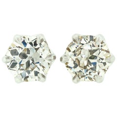 Antique Fancy Platinum 3.17 Carat GIA Certified Old European Diamond Stud Earrings