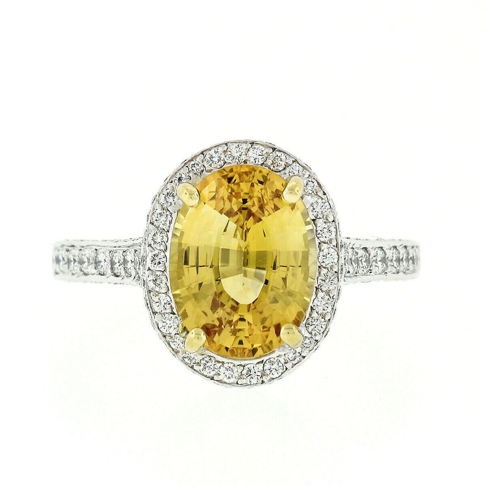 Fancy Platinum 5.6 Carat GIA Oval Yellow Sapphire and Diamond Cocktail Ring In Excellent Condition In Montclair, NJ