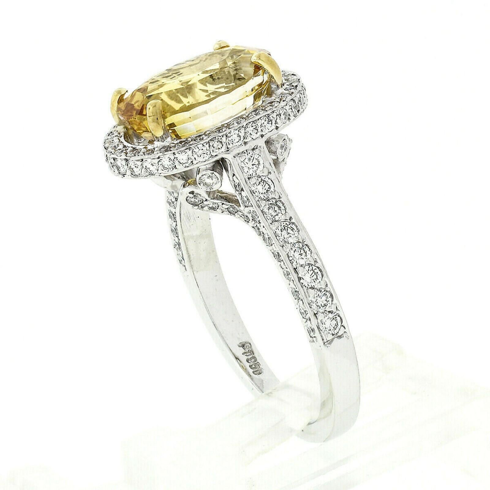 Women's Fancy Platinum 5.6 Carat GIA Oval Yellow Sapphire and Diamond Cocktail Ring
