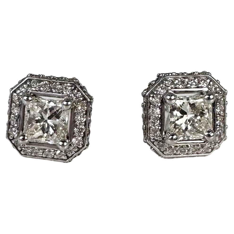 Fancy princess cut diamond stud earrings 1ct 14kt white gold stud earrings For Sale