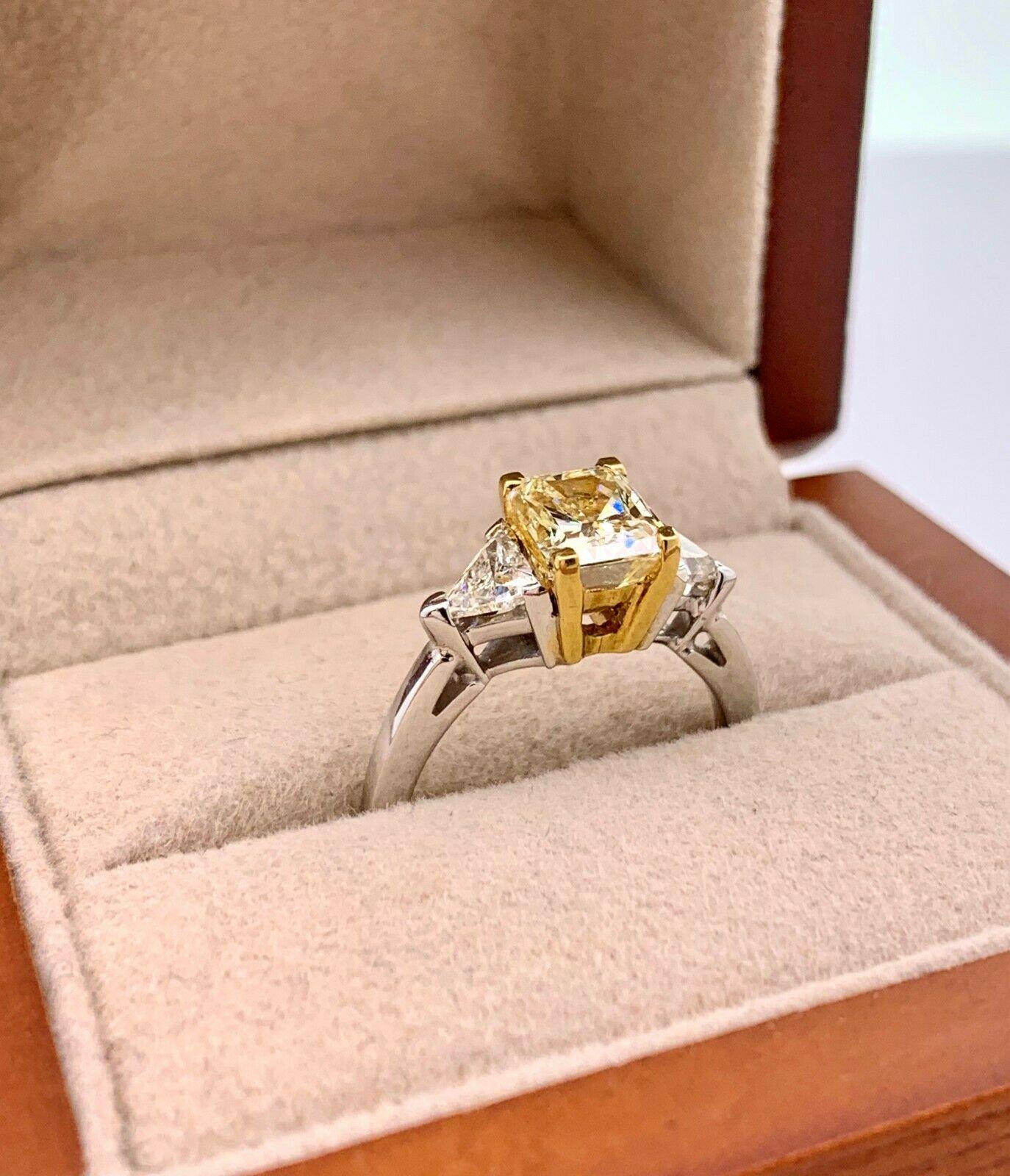 Women's or Men's Fancy Radiant Diamond Three-Stone Engagement Ring 2.11 Carat