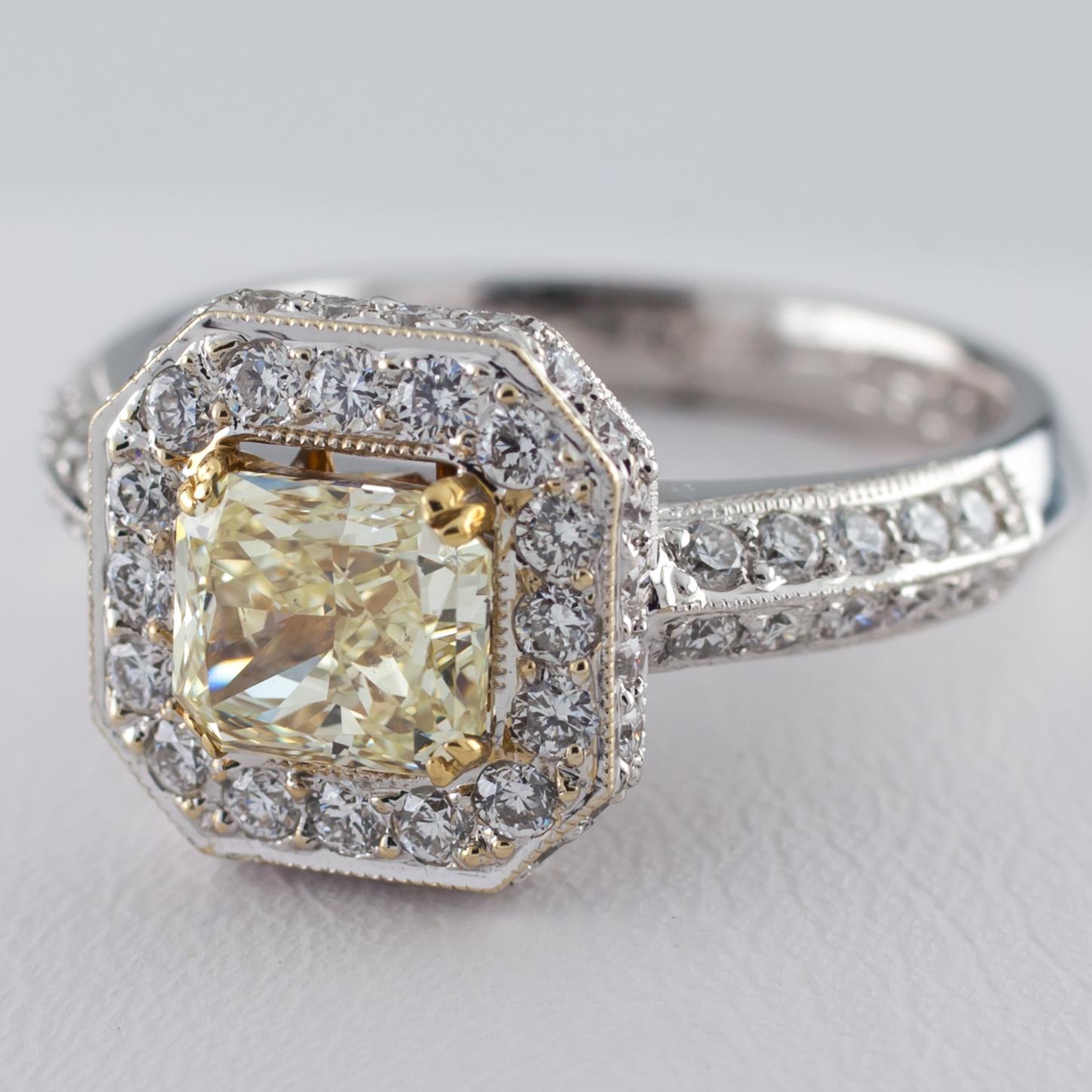 Radiant Cut Fancy Radiant Yellow Solitaire Diamond 18 Karat Two-Tone Halo Ring