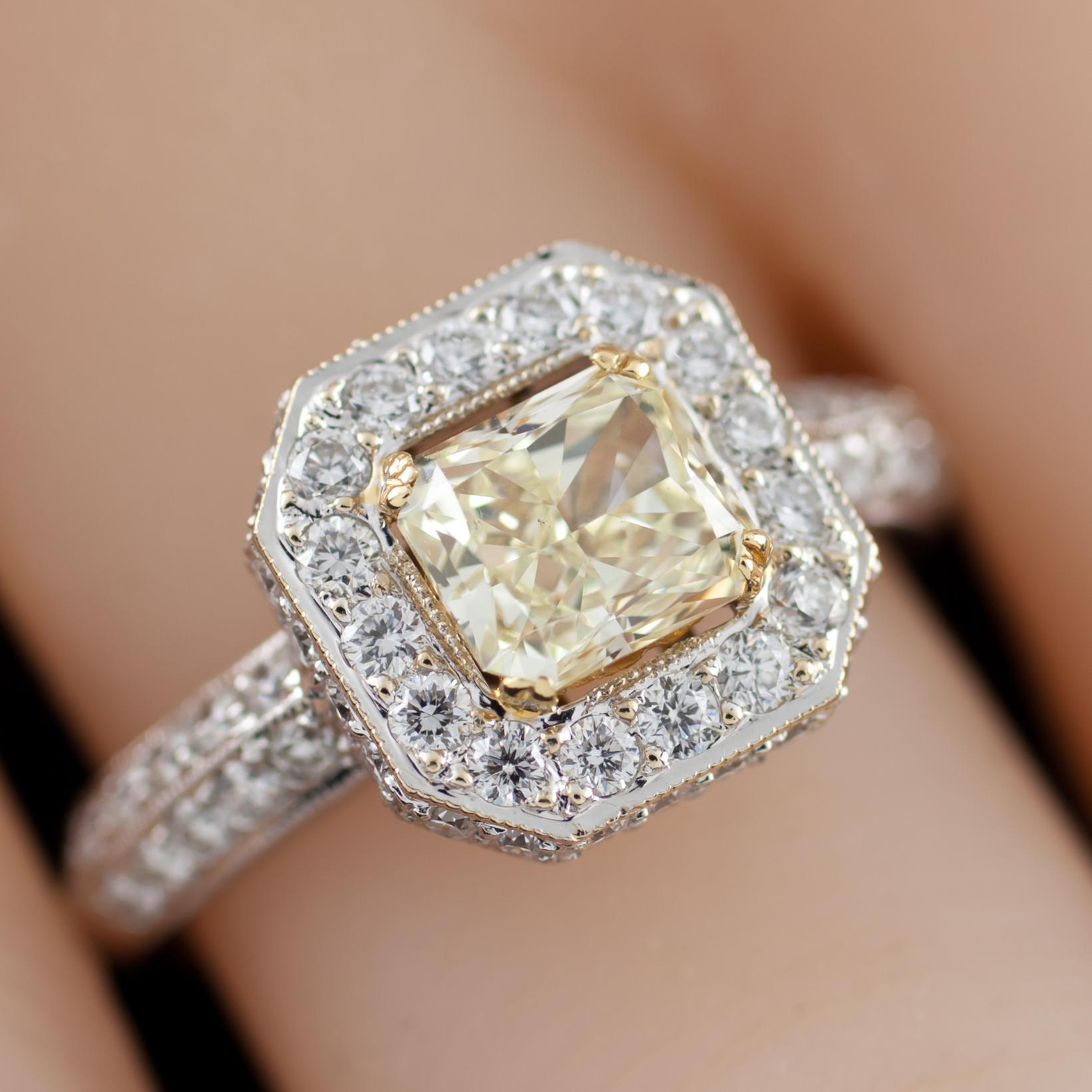 Fancy Radiant Yellow Solitaire Diamond 18 Karat Two-Tone Halo Ring In New Condition In Sherman Oaks, CA