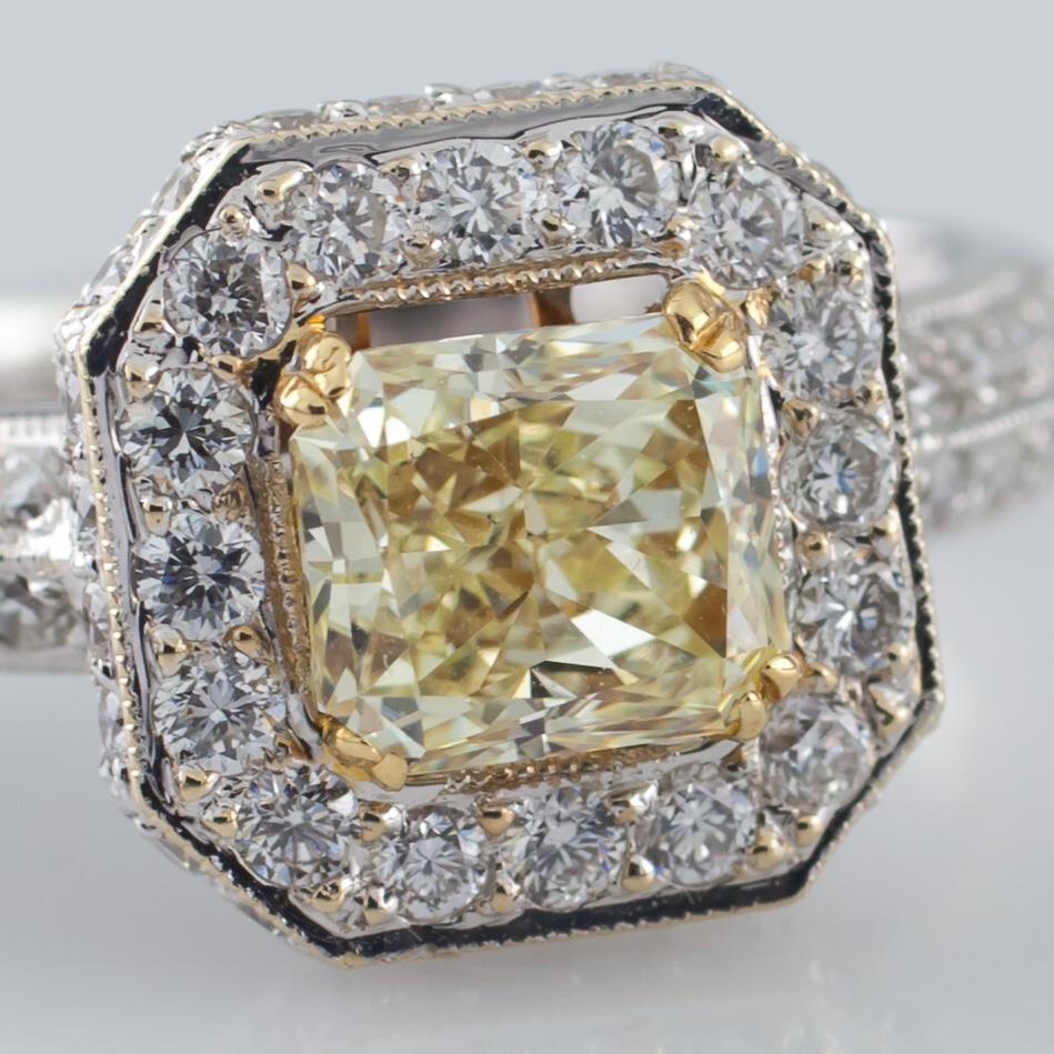 Women's Fancy Radiant Yellow Solitaire Diamond 18 Karat Two-Tone Halo Ring