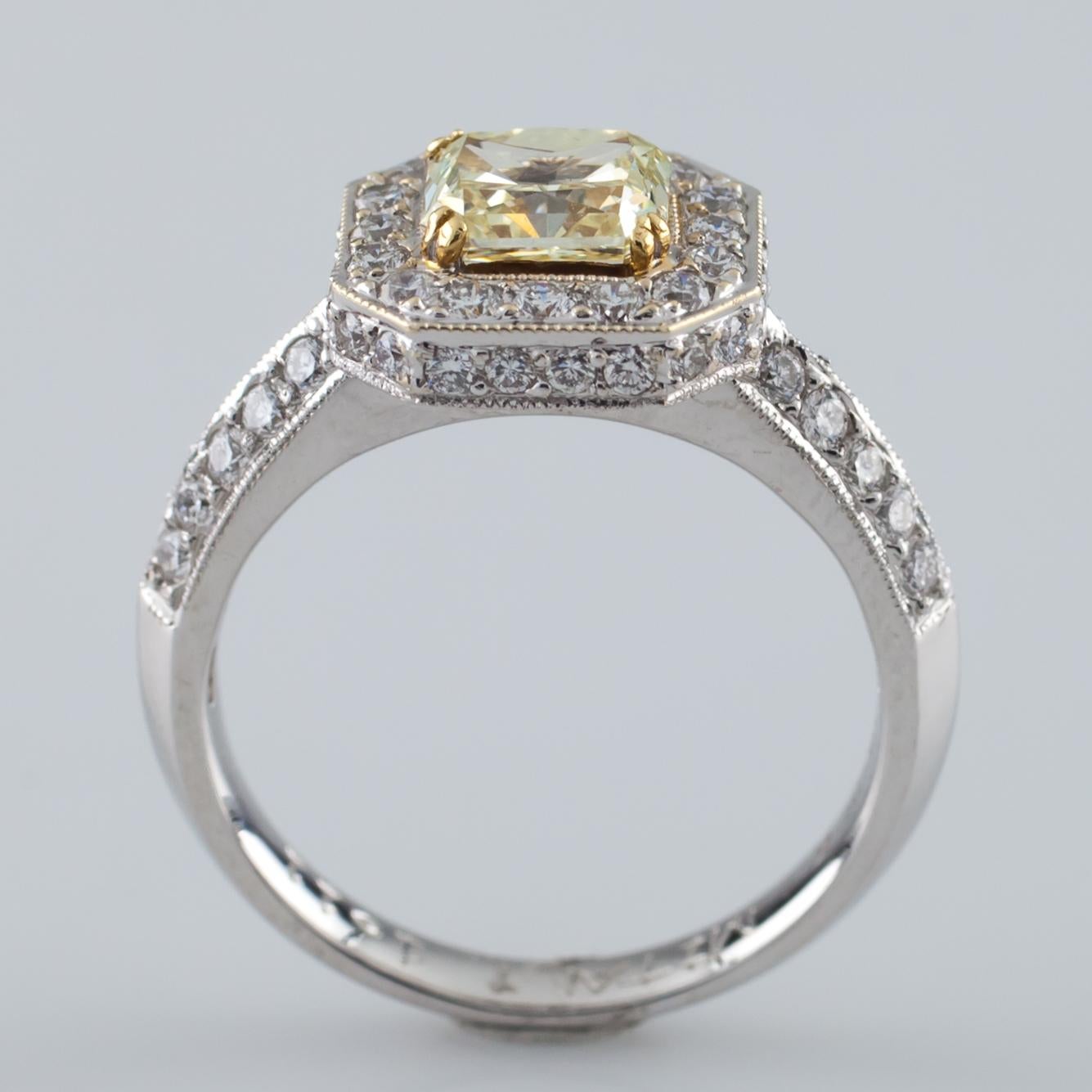 Fancy Radiant Yellow Solitaire Diamond 18 Karat Two-Tone Halo Ring 2