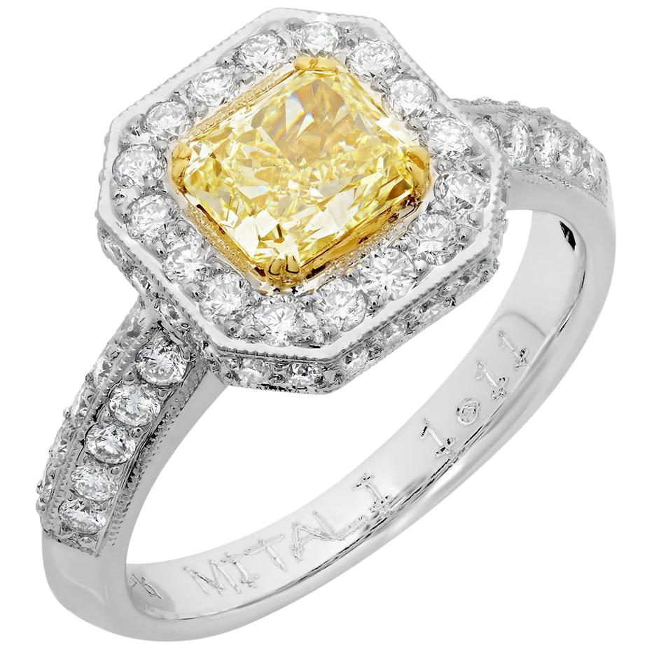 Fancy Radiant Yellow Solitaire Diamond 18 Karat Two-Tone Halo Ring