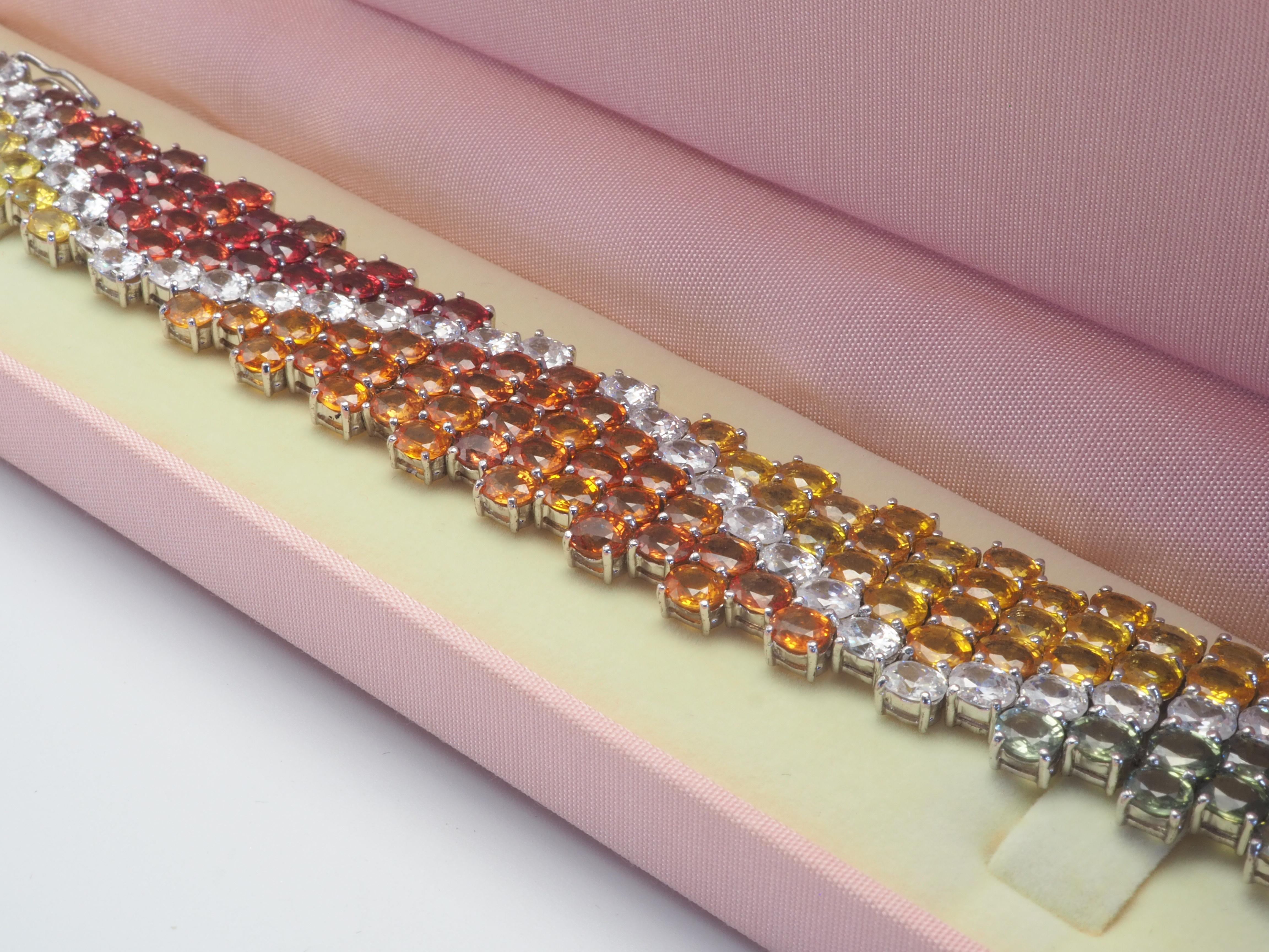 Fancy Rainbow Regal 76.90ct Fancy Sapphires & Quartz Sterling Silver Bracelet For Sale 5