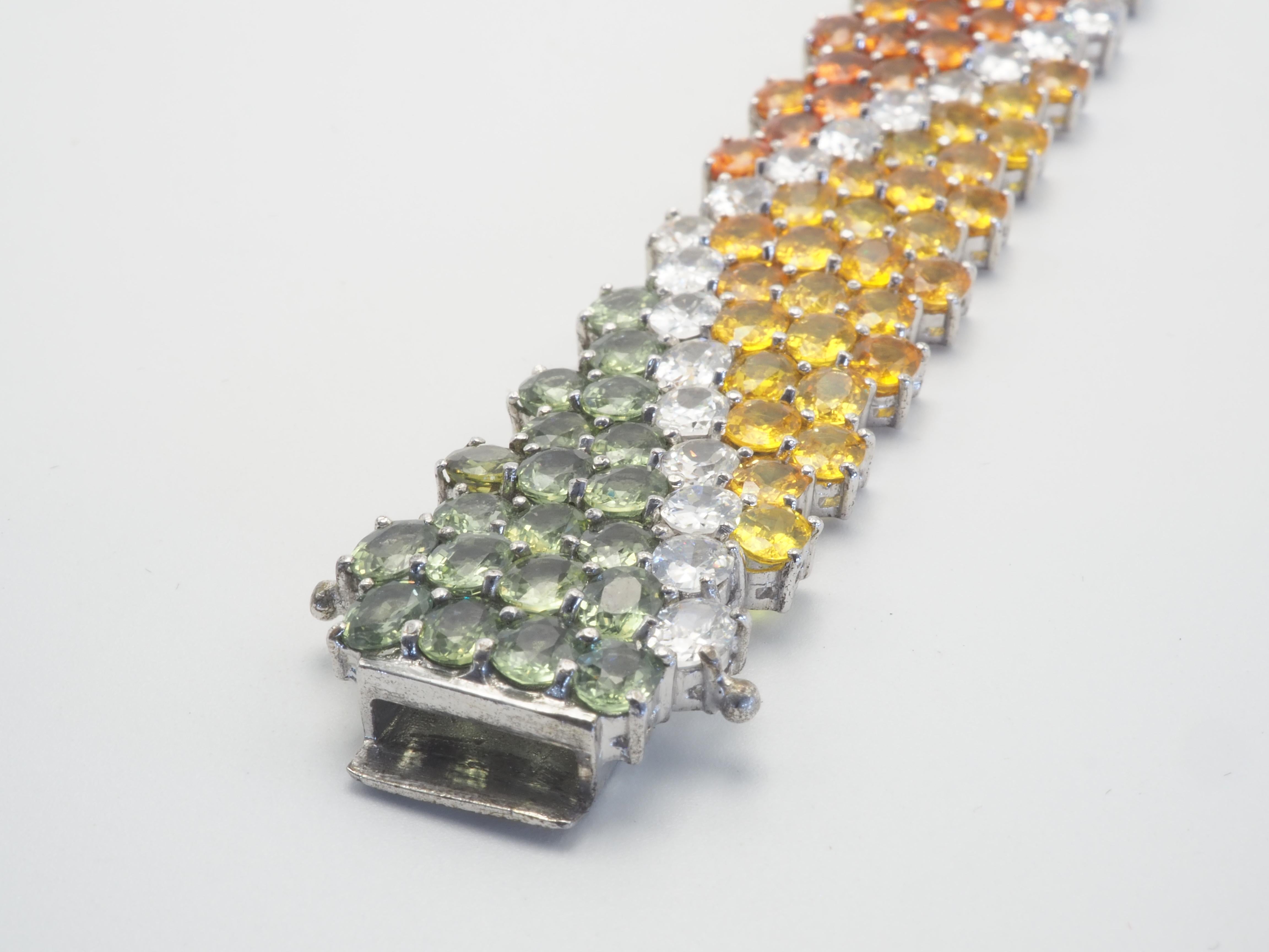 Oval Cut Fancy Rainbow Regal 76.90ct Fancy Sapphires & Quartz Sterling Silver Bracelet For Sale