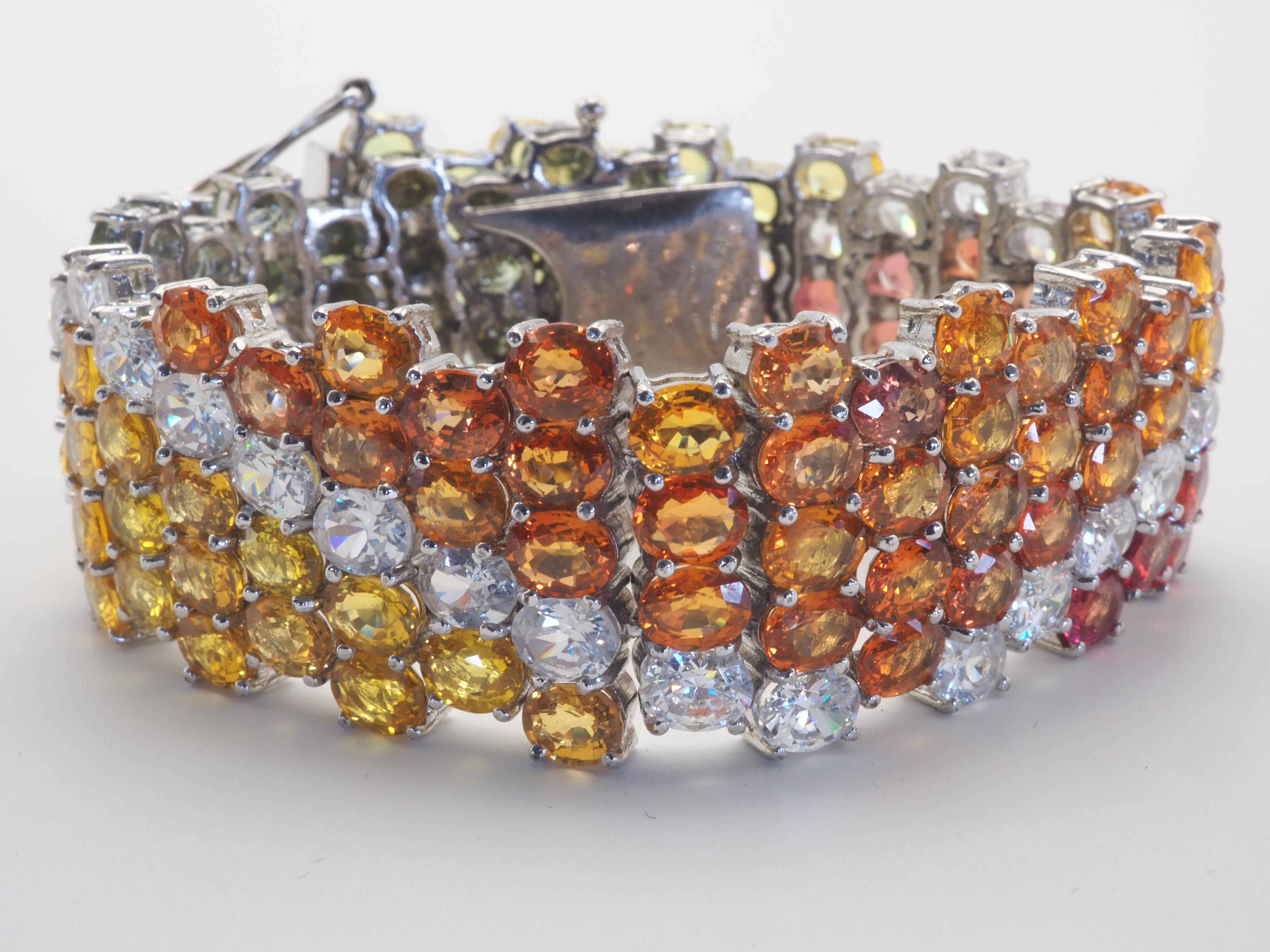 Fancy Rainbow Regal 76.90ct Fancy Sapphires & Quartz Sterling Silver Bracelet For Sale 1