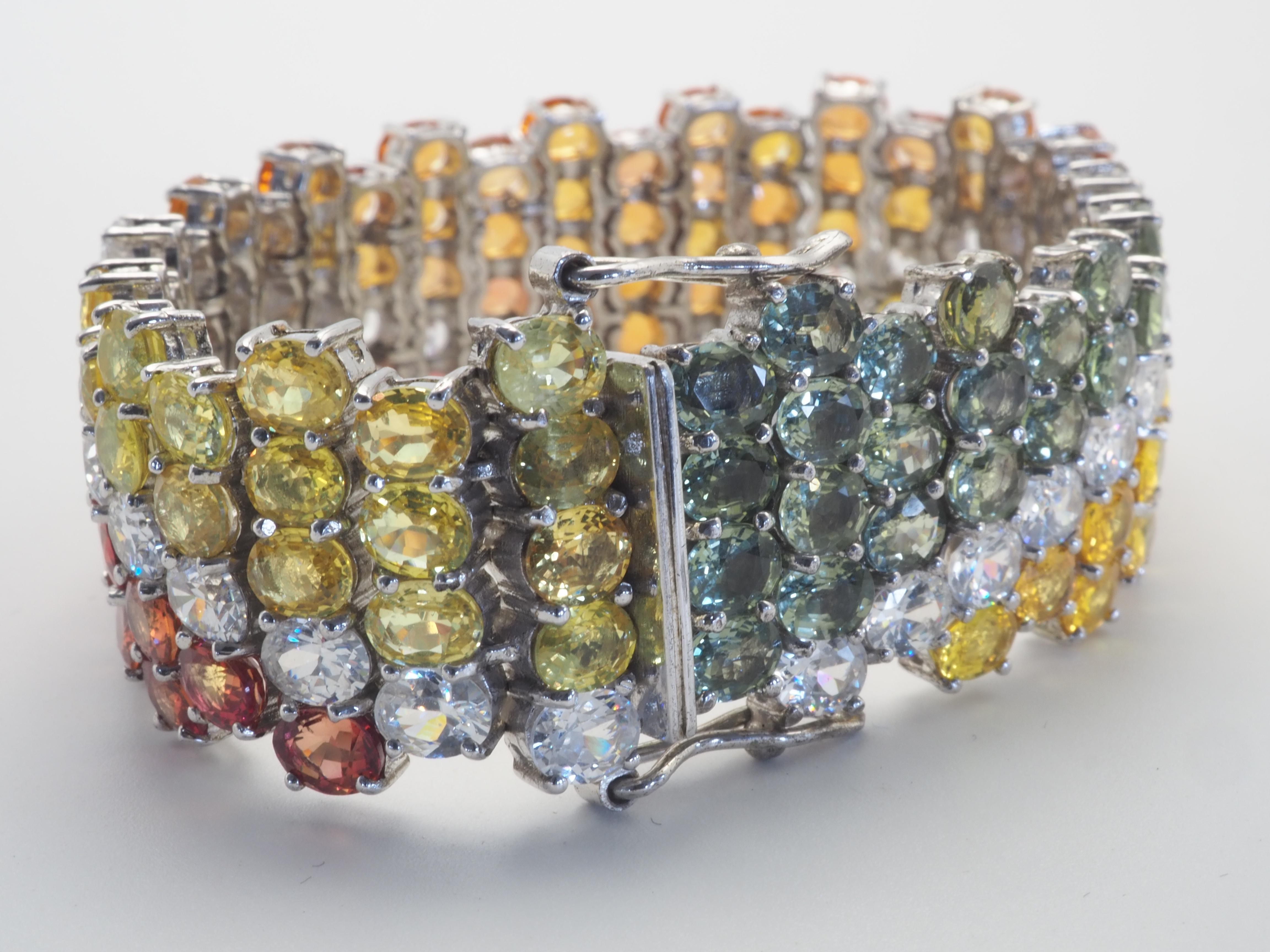 Fancy Rainbow Regal 76.90ct Fancy Sapphires & Quartz Sterling Silver Bracelet For Sale 2