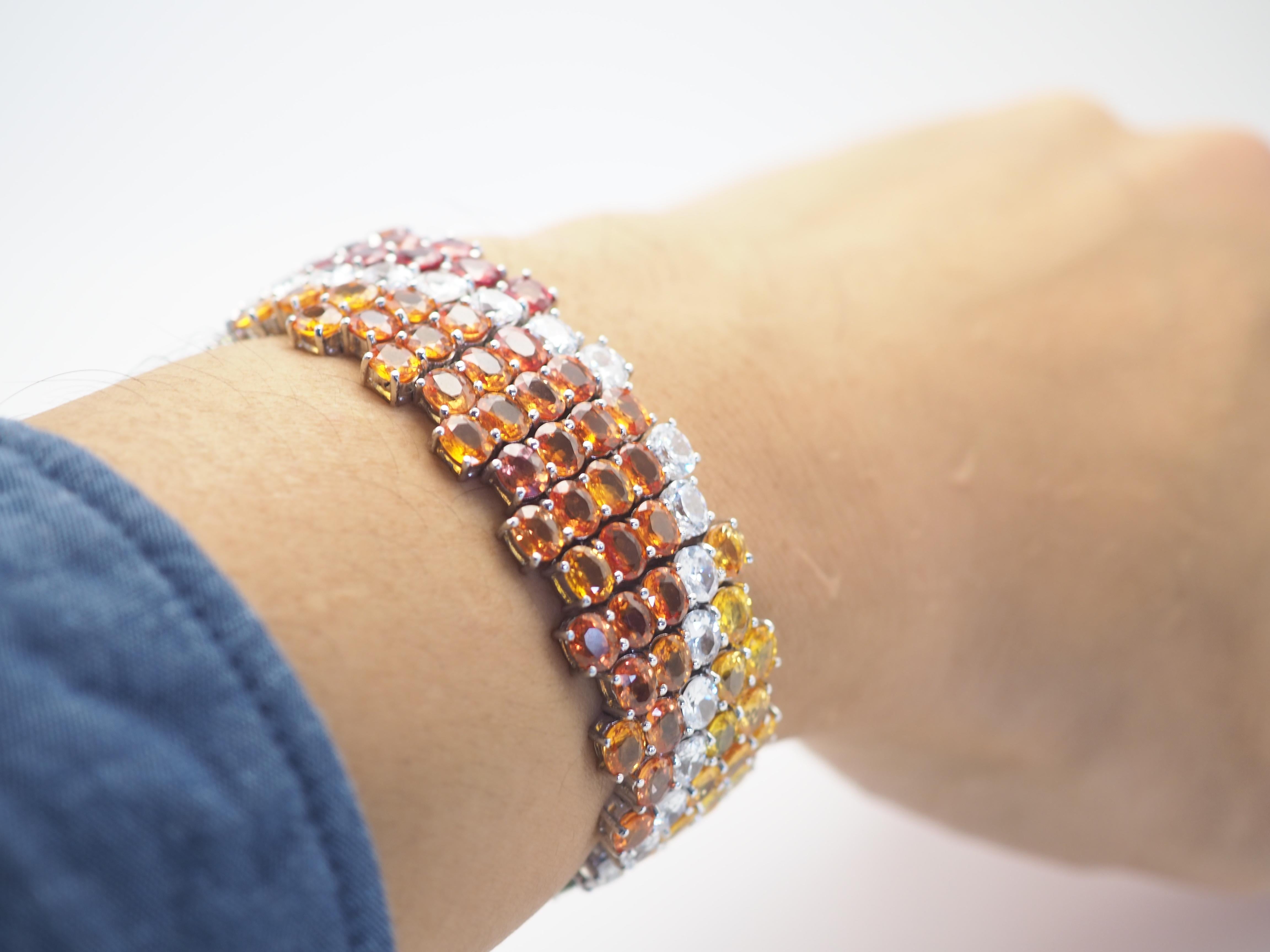 Fancy Rainbow Regal 76.90ct Fancy Sapphires & Quartz Sterling Silver Bracelet For Sale 3