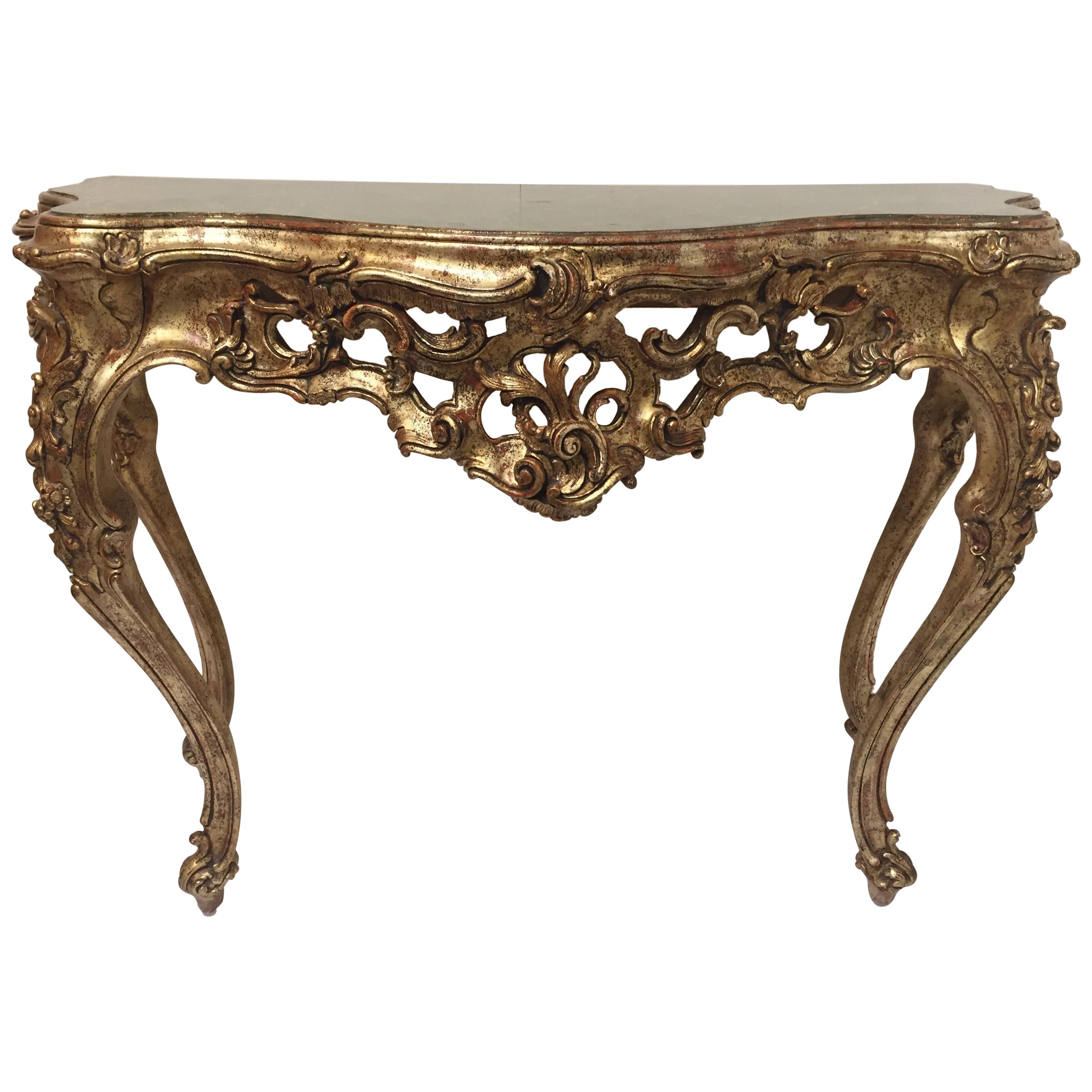 Fancy Rococo Style Italian Giltwood and Faux Marble-Top Console